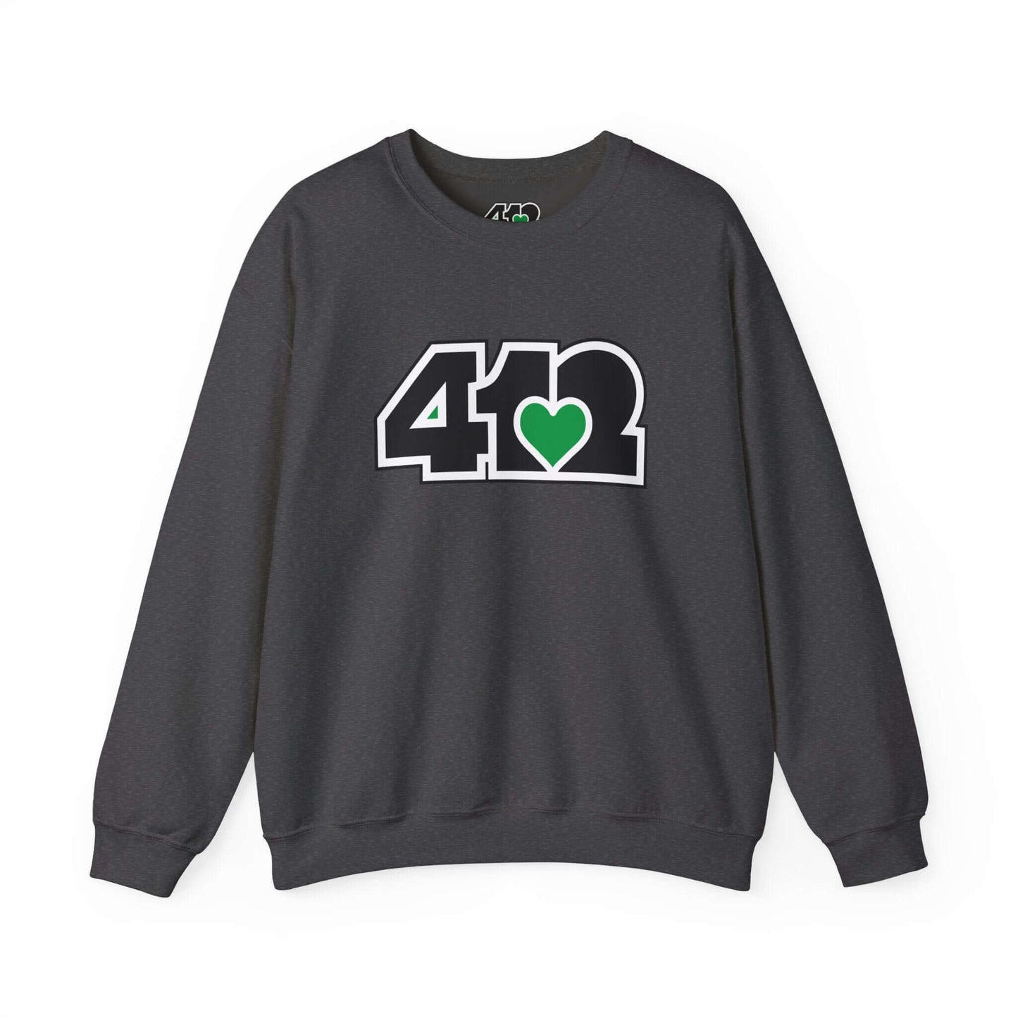 Pittsburgh Crewneck Sweatshirt | Black and Green 412 Logo. Apparel Color: Dark Heather. A blend of 50% cotton and 50% polyester for cozy durability. With an Elastic ribbed collar, and Double-needle stitching.