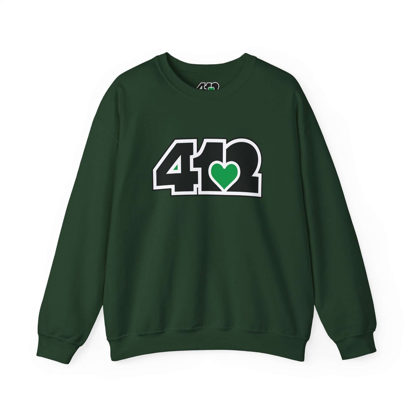 Pittsburgh Crewneck Sweatshirt | Black and Green 412 Logo. Apparel Color: Forest Green. A blend of 50% cotton and 50% polyester for cozy durability. With an Elastic ribbed collar, and Double-needle stitching.