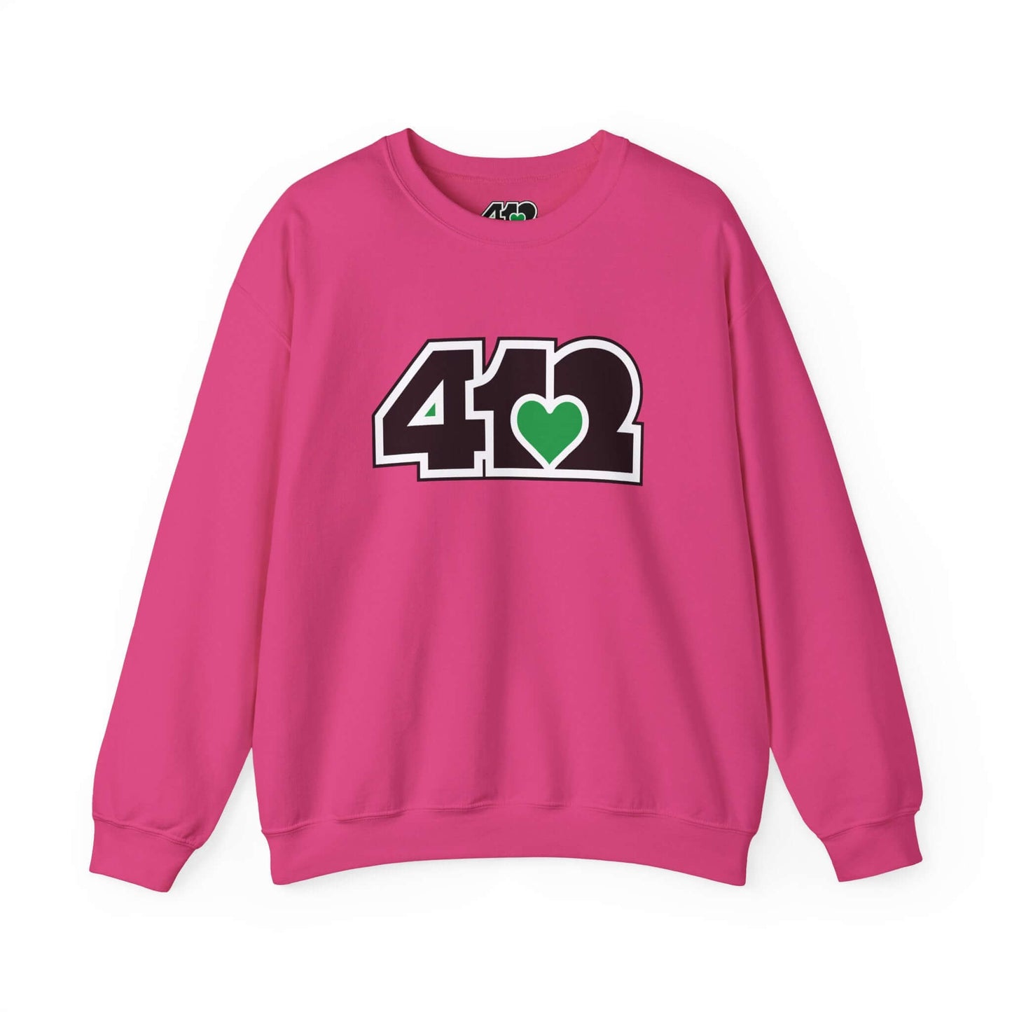 Pittsburgh Crewneck Sweatshirt | Black and Green 412 Logo. Apparel Color: Heliconia. A blend of 50% cotton and 50% polyester for cozy durability. With an Elastic ribbed collar, and Double-needle stitching.