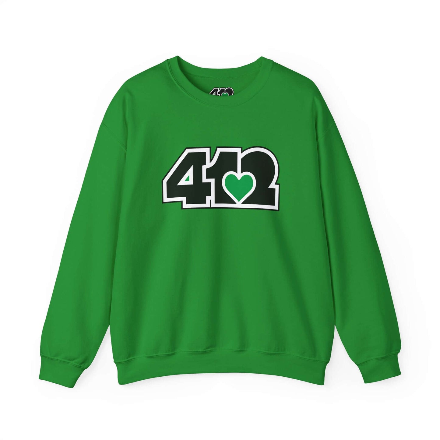 Pittsburgh Crewneck Sweatshirt | Black and Green 412 Logo. Apparel Color: Irish Green. A blend of 50% cotton and 50% polyester for cozy durability. With an Elastic ribbed collar, and Double-needle stitching.