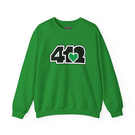 Pittsburgh Crewneck Sweatshirt | Black and Green 412 Logo. Apparel Color: Irish Green. A blend of 50% cotton and 50% polyester for cozy durability. With an Elastic ribbed collar, and Double-needle stitching.