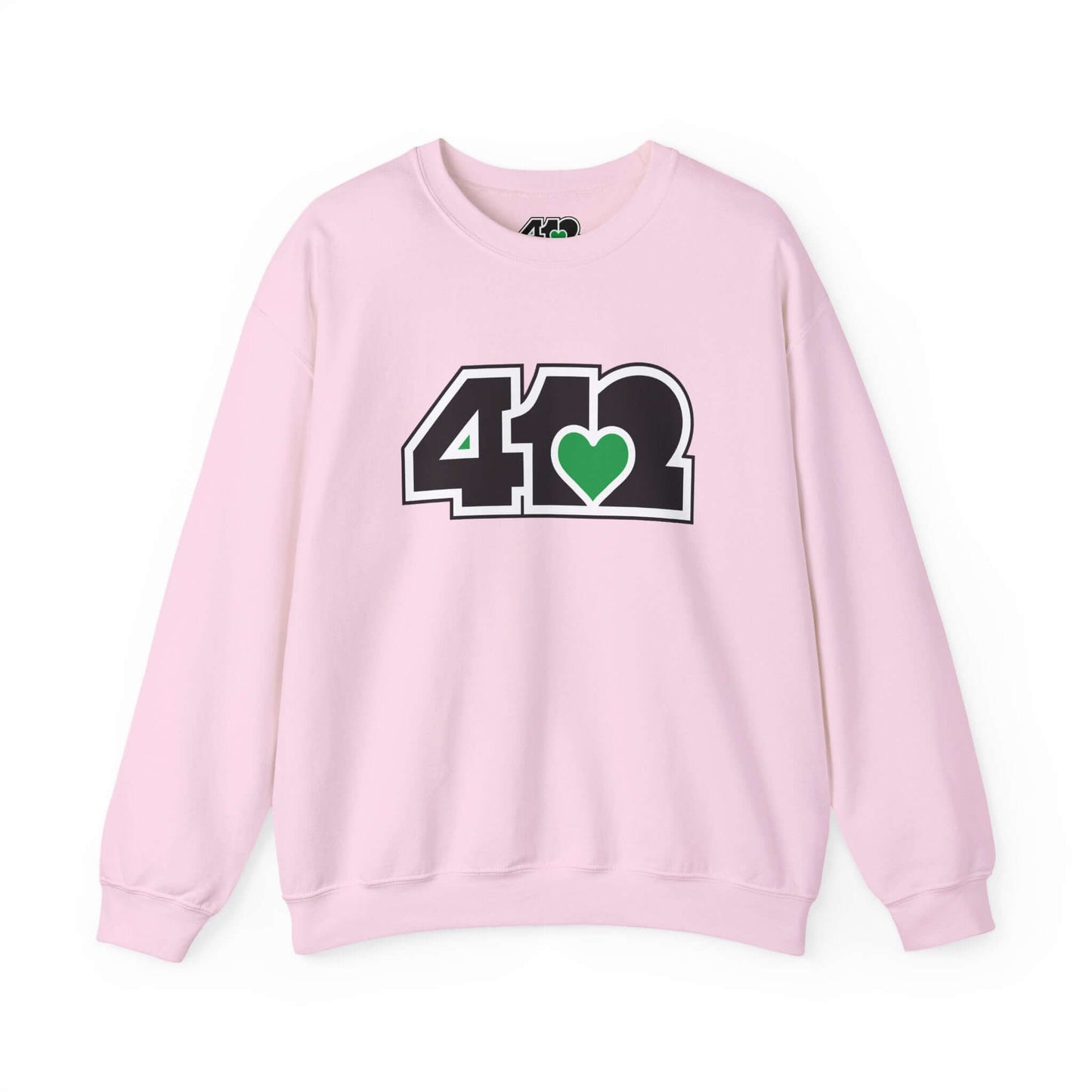 Pittsburgh Crewneck Sweatshirt | Black and Green 412 Logo. Apparel Color: Light Pink. A blend of 50% cotton and 50% polyester for cozy durability. With an Elastic ribbed collar, and Double-needle stitching.