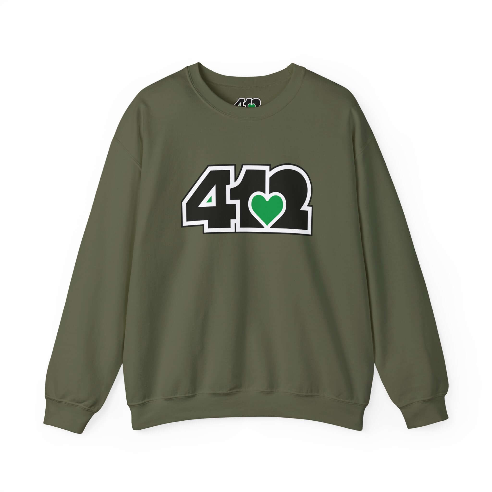 Pittsburgh Crewneck Sweatshirt | Black and Green 412 Logo. Apparel Color: Military Green. A blend of 50% cotton and 50% polyester for cozy durability. With an Elastic ribbed collar, and Double-needle stitching.
