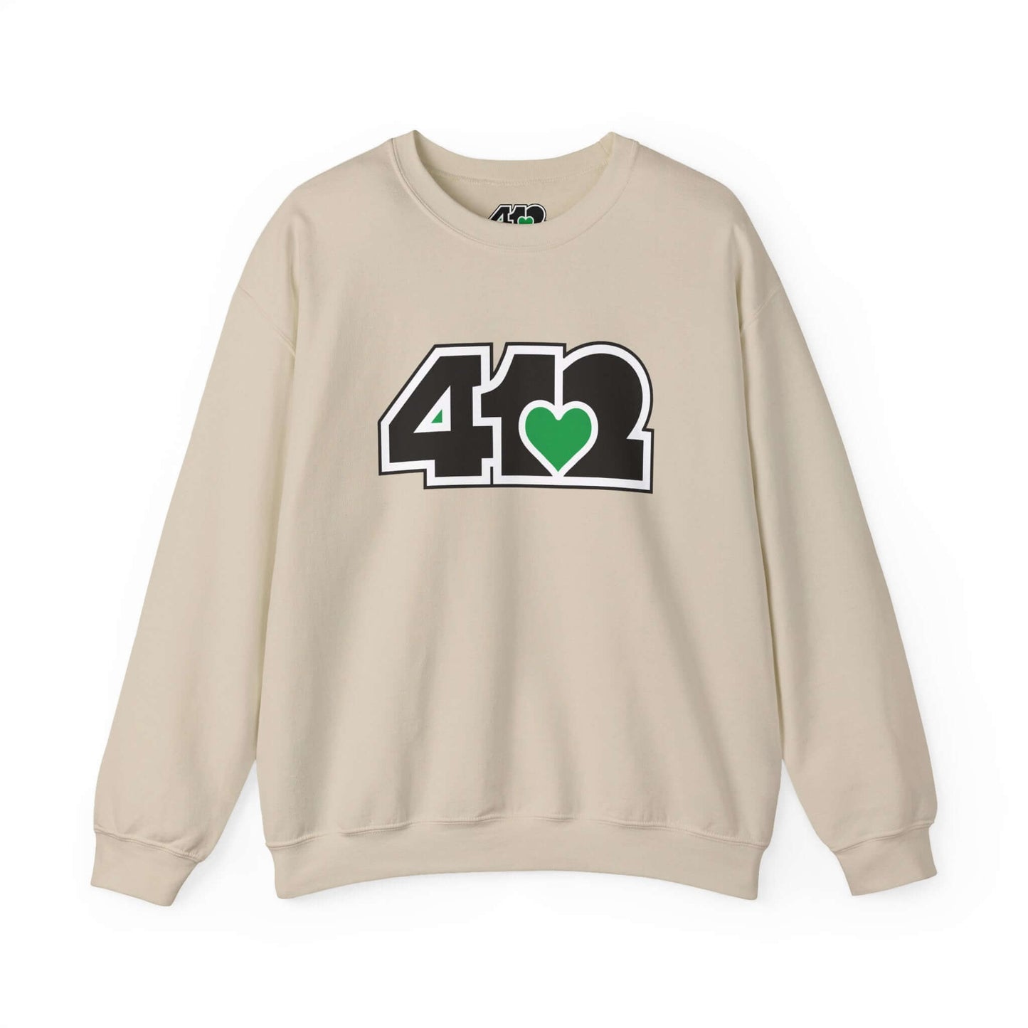 Pittsburgh Crewneck Sweatshirt | Black and Green 412 Logo. Apparel Color: Sand. A blend of 50% cotton and 50% polyester for cozy durability. With an Elastic ribbed collar, and Double-needle stitching.