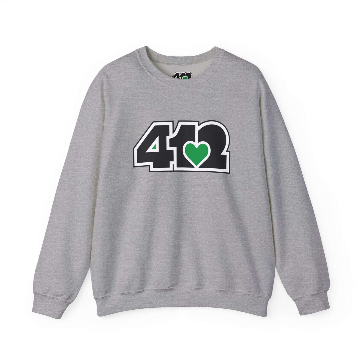 Pittsburgh Crewneck Sweatshirt | Black and Green 412 Logo. Apparel Color: Sport Grey. A blend of 50% cotton and 50% polyester for cozy durability. With an Elastic ribbed collar, and Double-needle stitching.