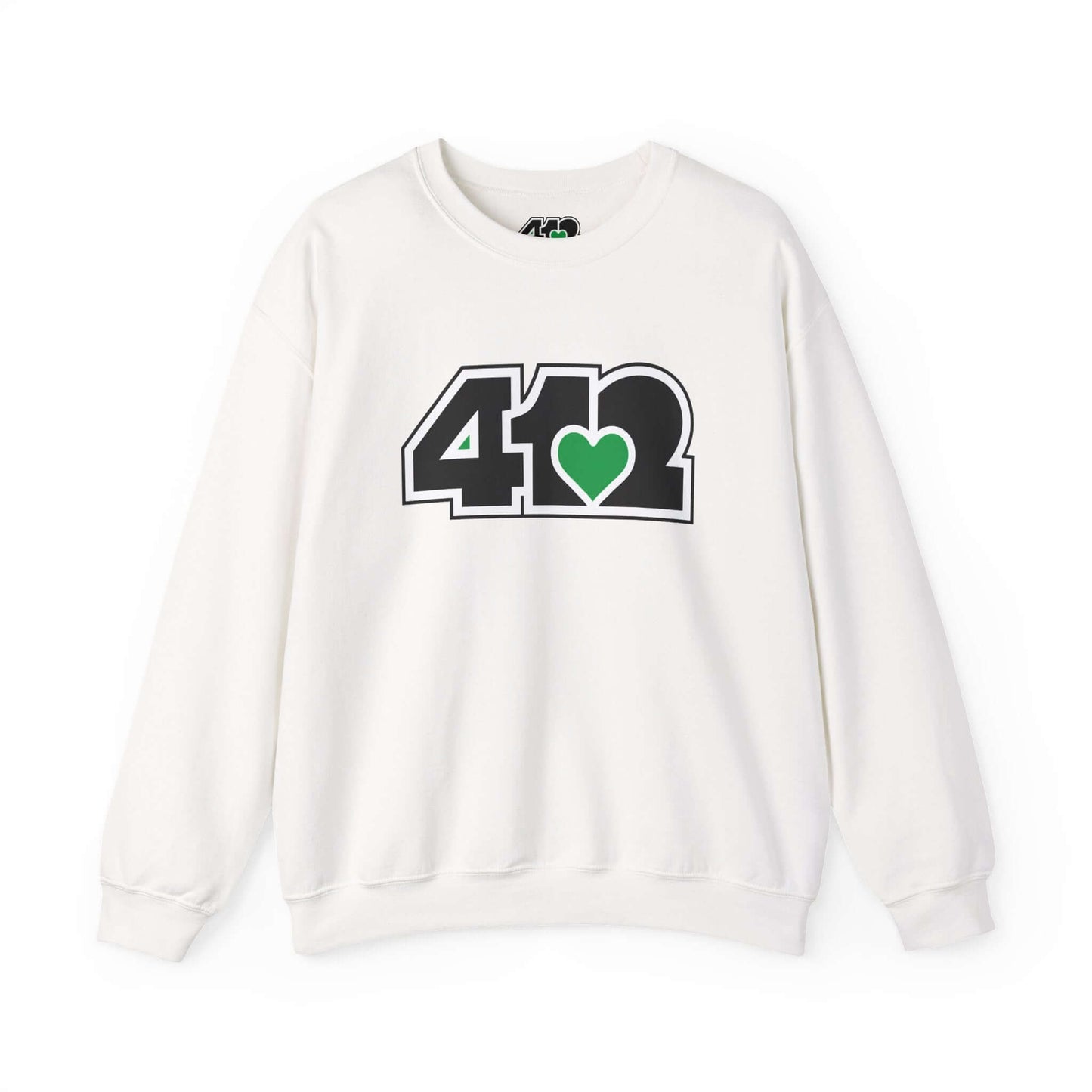 Pittsburgh Crewneck Sweatshirt | Black and Green 412 Logo. Apparel Color: White. A blend of 50% cotton and 50% polyester for cozy durability. With an Elastic ribbed collar, and Double-needle stitching.