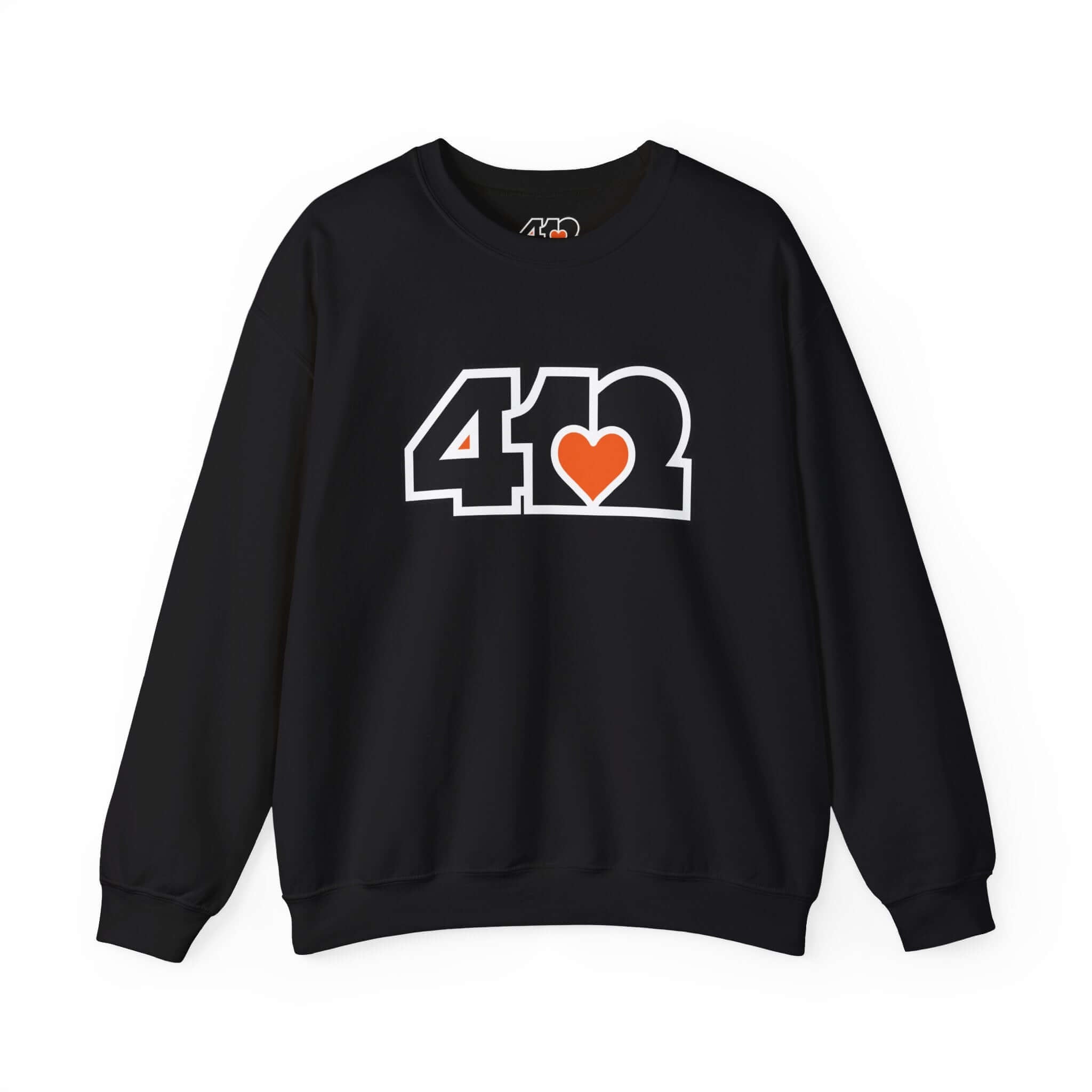 Pittsburgh Crewneck Sweatshirt | Black and Orange 412 Logo. Apparel Color: Black. A blend of 50% cotton and 50% polyester for cozy durability. With an Elastic ribbed collar, and Double-needle stitching.