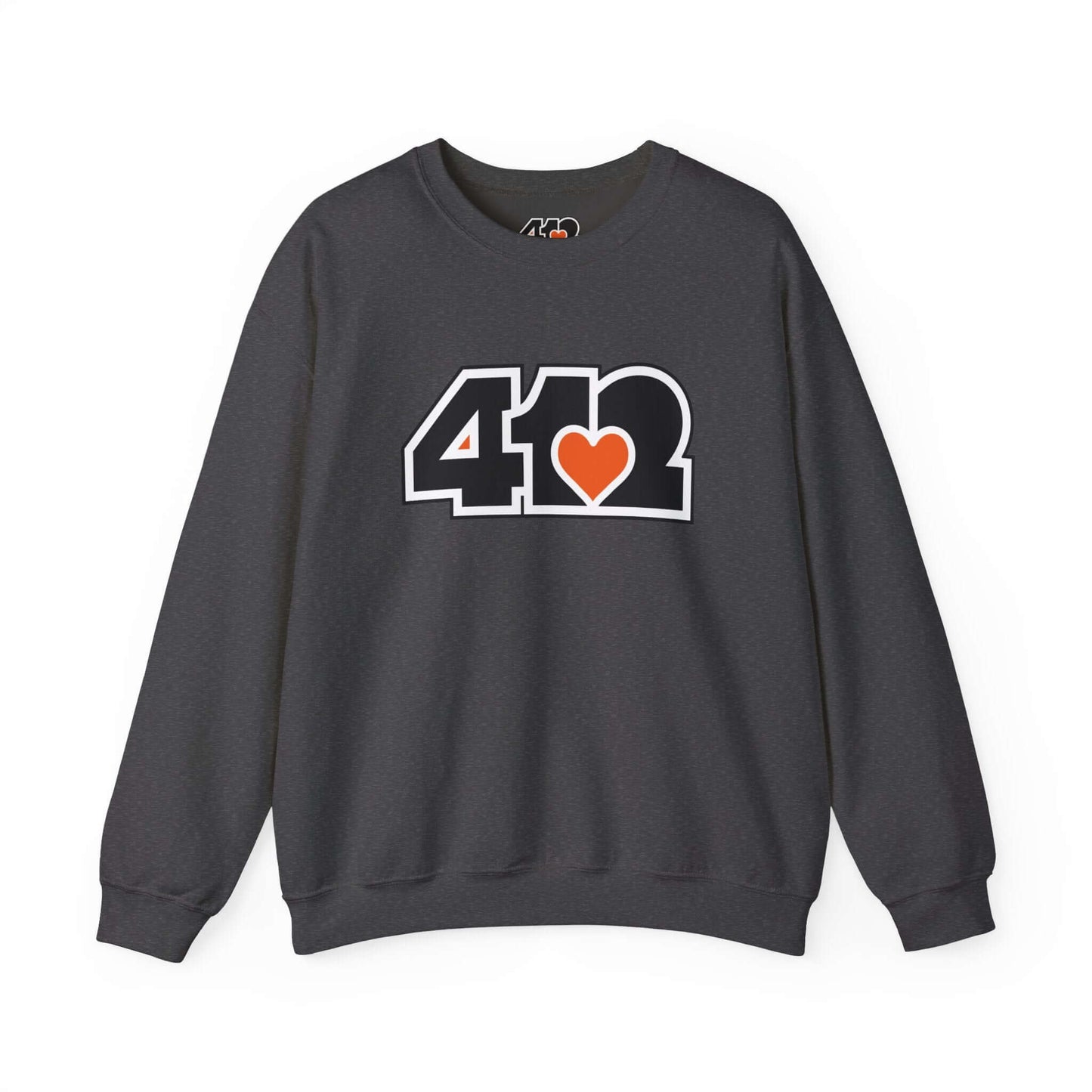 Pittsburgh Crewneck Sweatshirt | Black and Orange 412 Logo. Apparel Color: Dark Heather. A blend of 50% cotton and 50% polyester for cozy durability. With an Elastic ribbed collar, and Double-needle stitching.