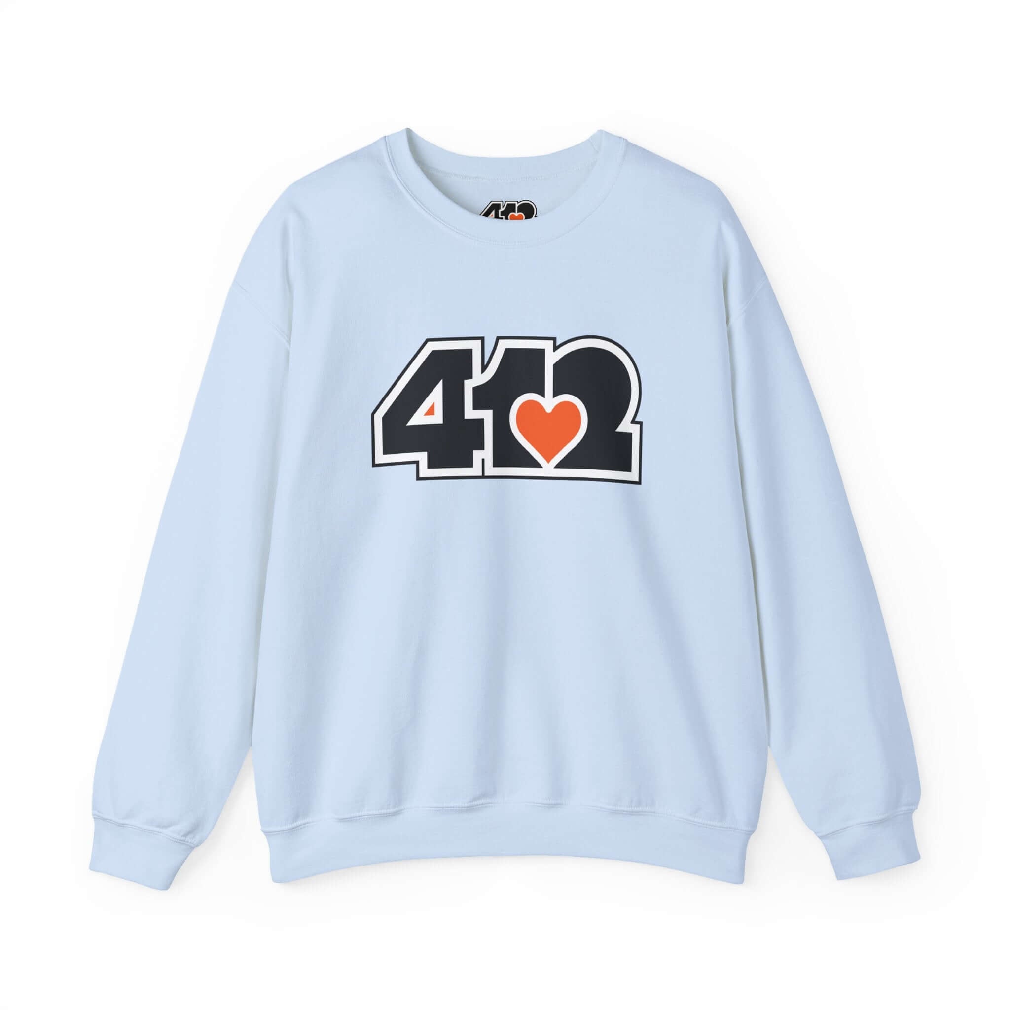 Pittsburgh Crewneck Sweatshirt | Black and Orange 412 Logo. Apparel Color: Light Blue. A blend of 50% cotton and 50% polyester for cozy durability. With an Elastic ribbed collar, and Double-needle stitching.