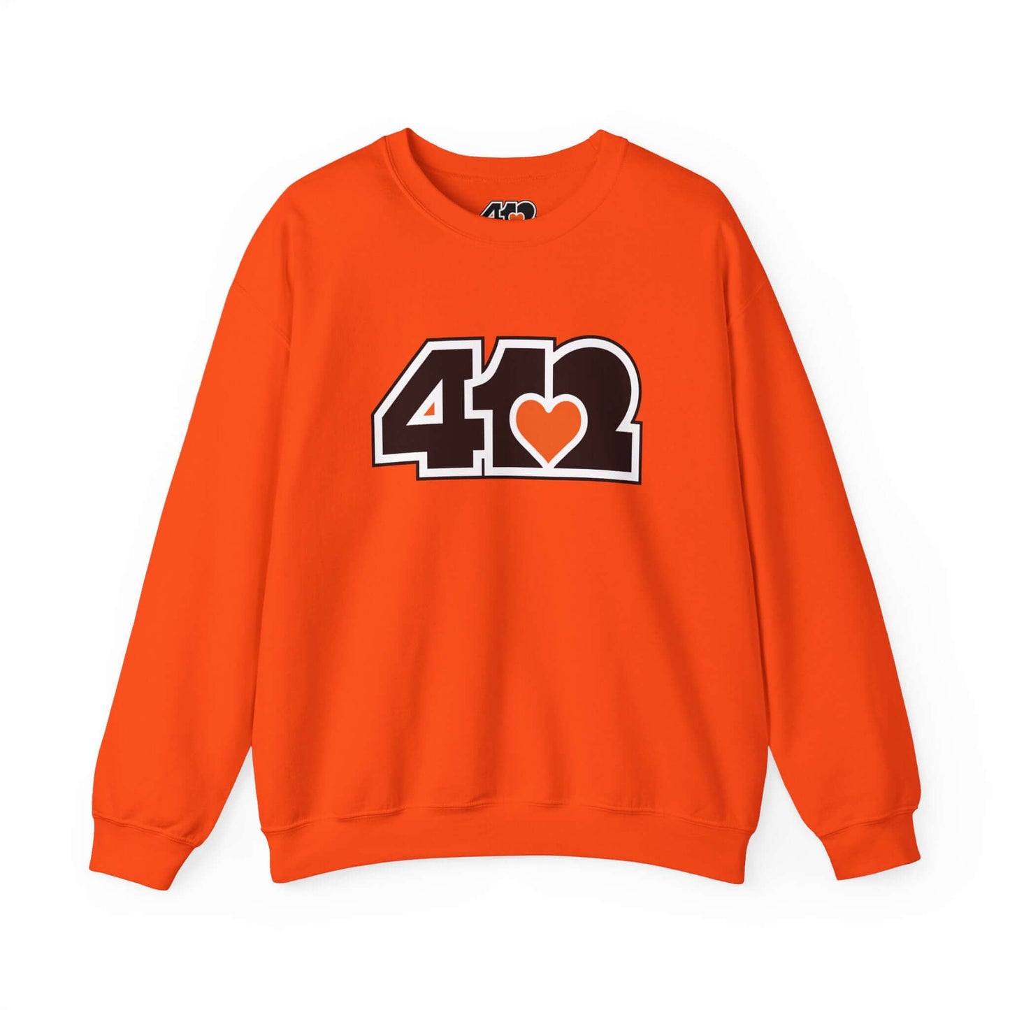 Pittsburgh Crewneck Sweatshirt | Black and Orange 412 Logo. Apparel Color: Orange. A blend of 50% cotton and 50% polyester for cozy durability. With an Elastic ribbed collar, and Double-needle stitching.