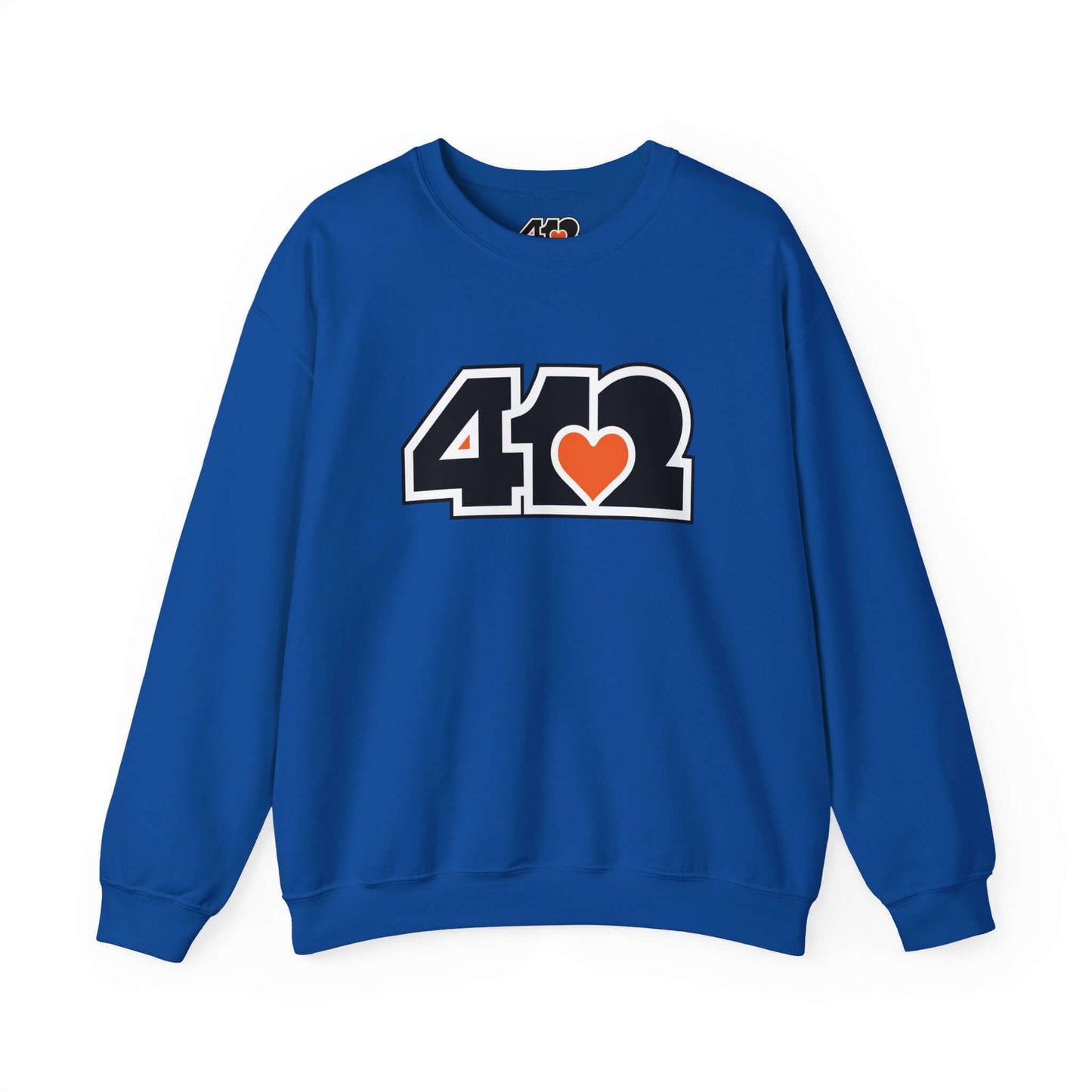 Pittsburgh Crewneck Sweatshirt | Black and Orange 412 Logo. Apparel Color: Royal. A blend of 50% cotton and 50% polyester for cozy durability. With an Elastic ribbed collar, and Double-needle stitching.
