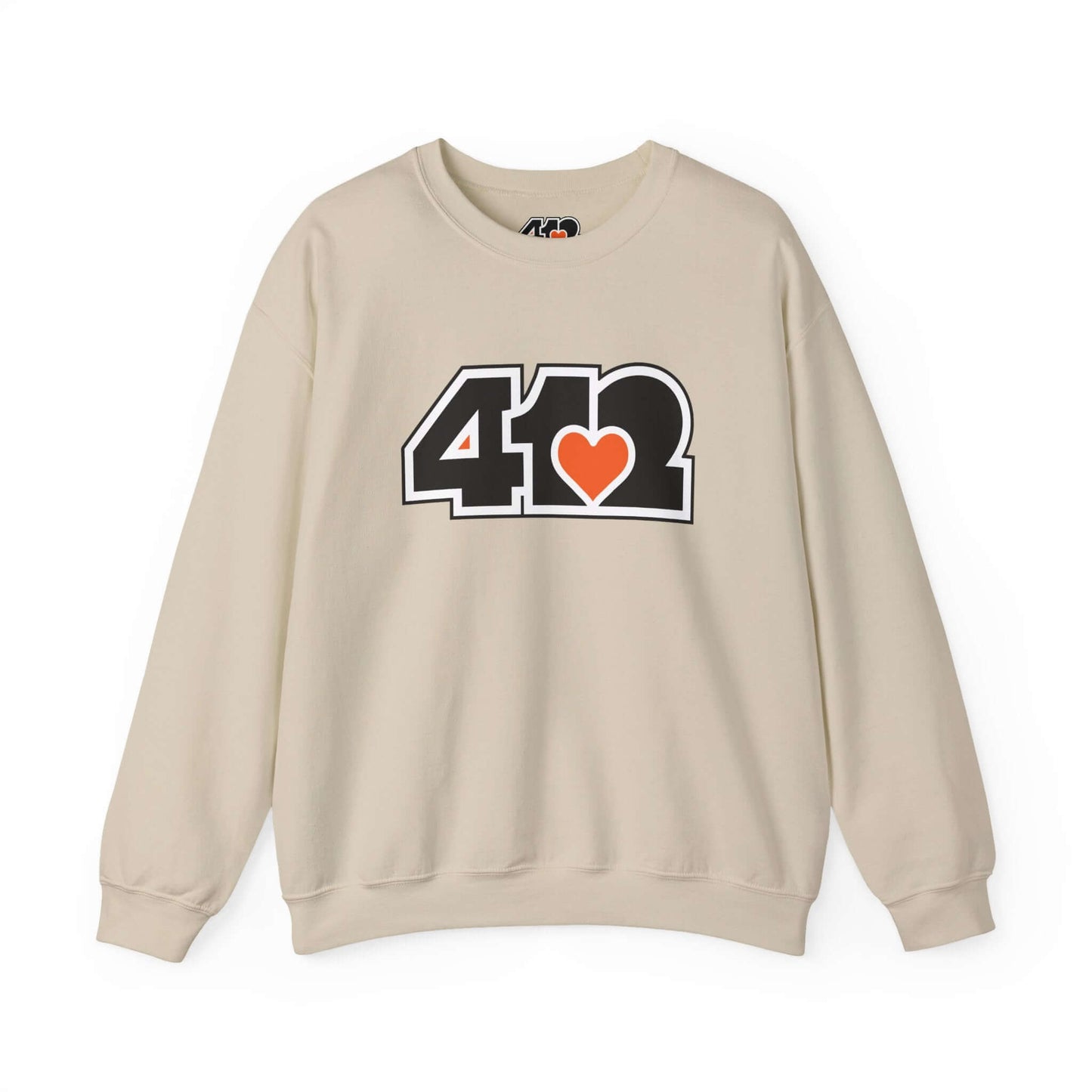 Pittsburgh Crewneck Sweatshirt | Black and Orange 412 Logo. Apparel Color: Sand. A blend of 50% cotton and 50% polyester for cozy durability. With an Elastic ribbed collar, and Double-needle stitching.