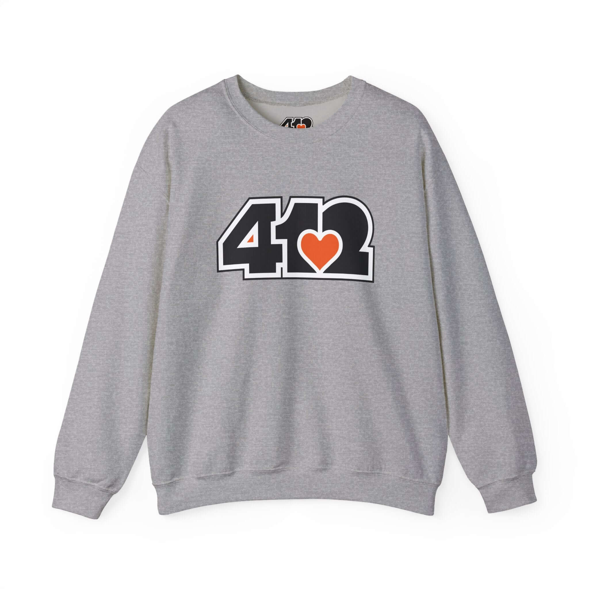 Pittsburgh Crewneck Sweatshirt | Black and Orange 412 Logo. Apparel Color: Sport Grey. A blend of 50% cotton and 50% polyester for cozy durability. With an Elastic ribbed collar, and Double-needle stitching.