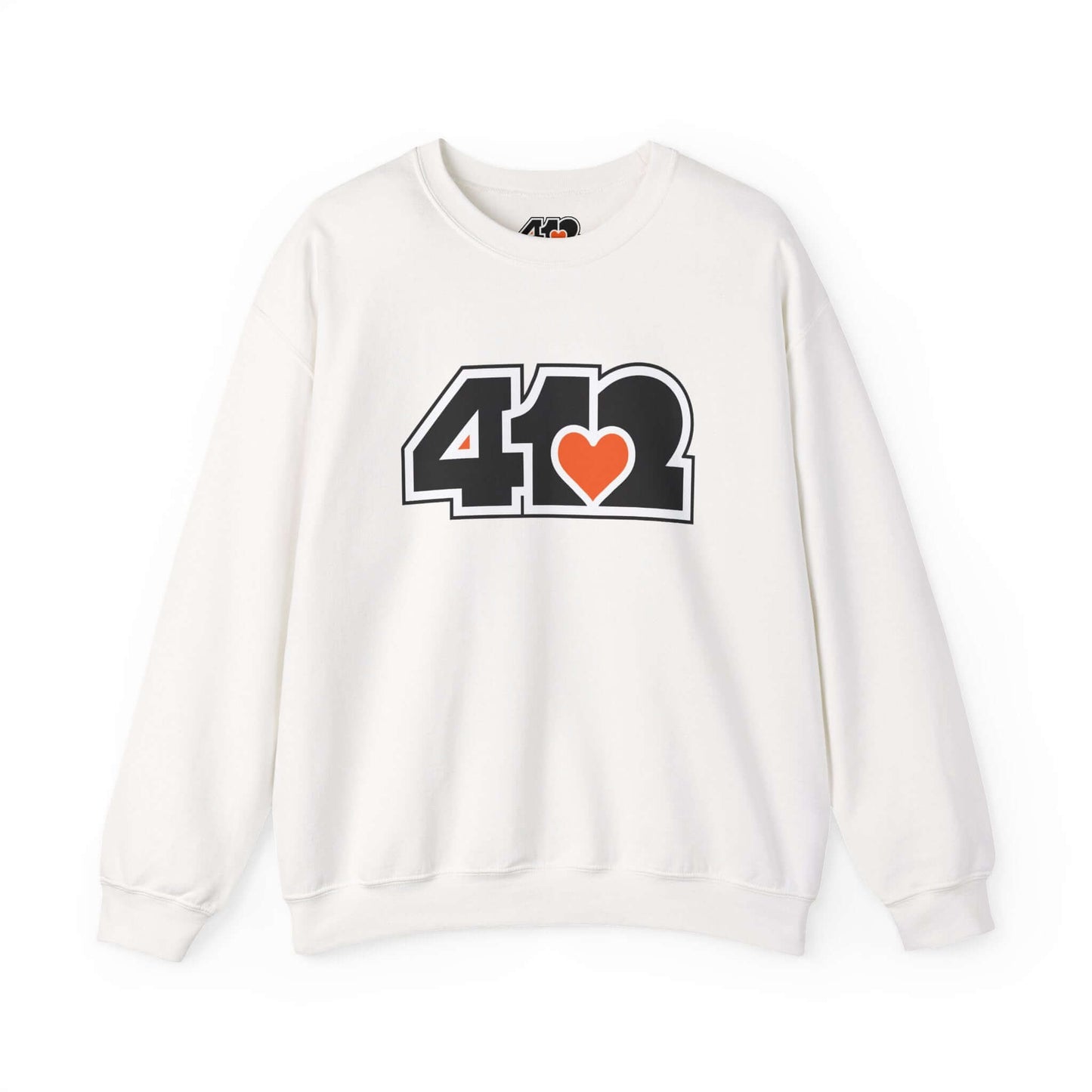 Pittsburgh Crewneck Sweatshirt | Black and Orange 412 Logo. Apparel Color: White. A blend of 50% cotton and 50% polyester for cozy durability. With an Elastic ribbed collar, and Double-needle stitching.