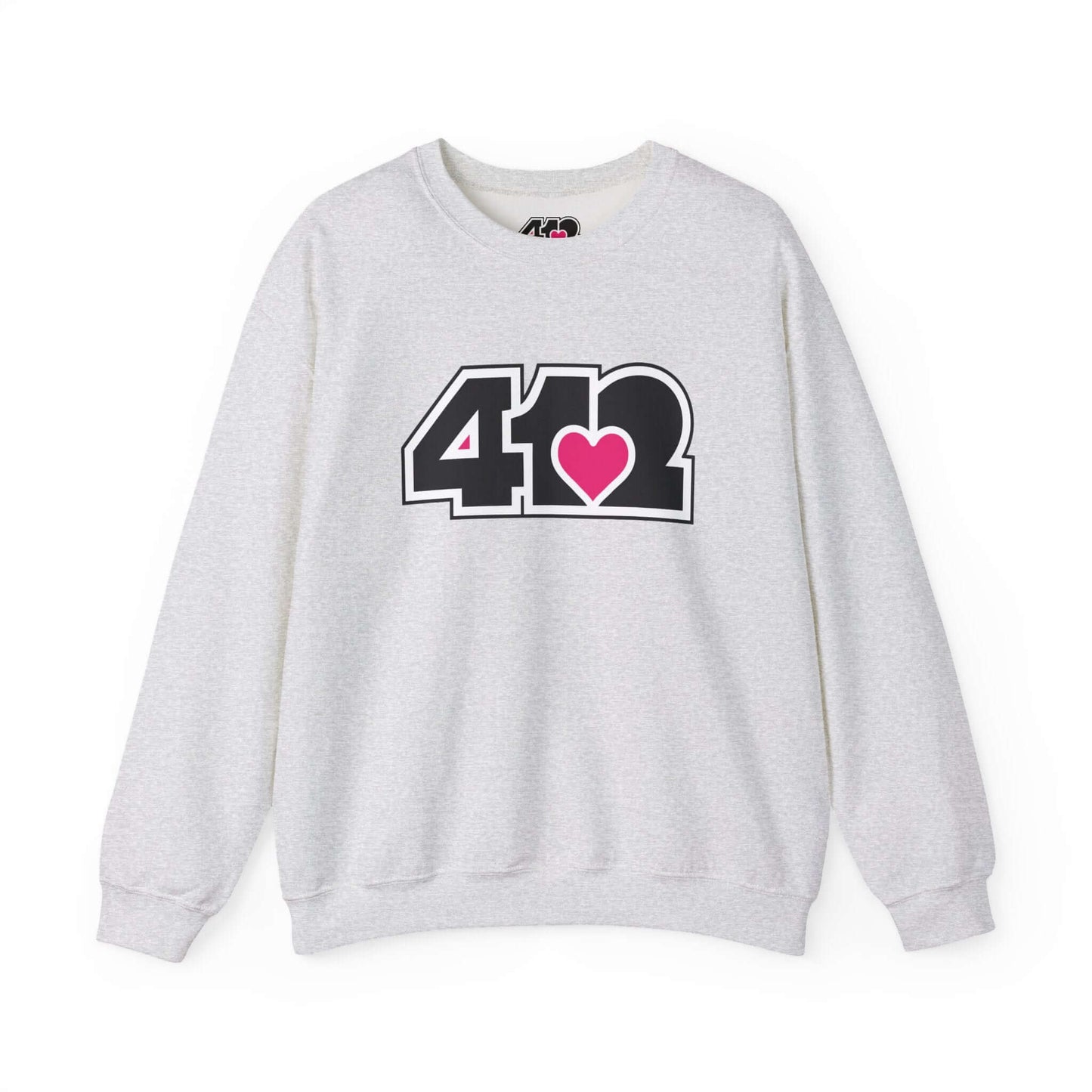 Pittsburgh Crewneck Sweatshirt | Black and Pink 412 Logo. Apparel Color: Ash. A blend of 50% cotton and 50% polyester for cozy durability. With an Elastic ribbed collar, and Double-needle stitching.