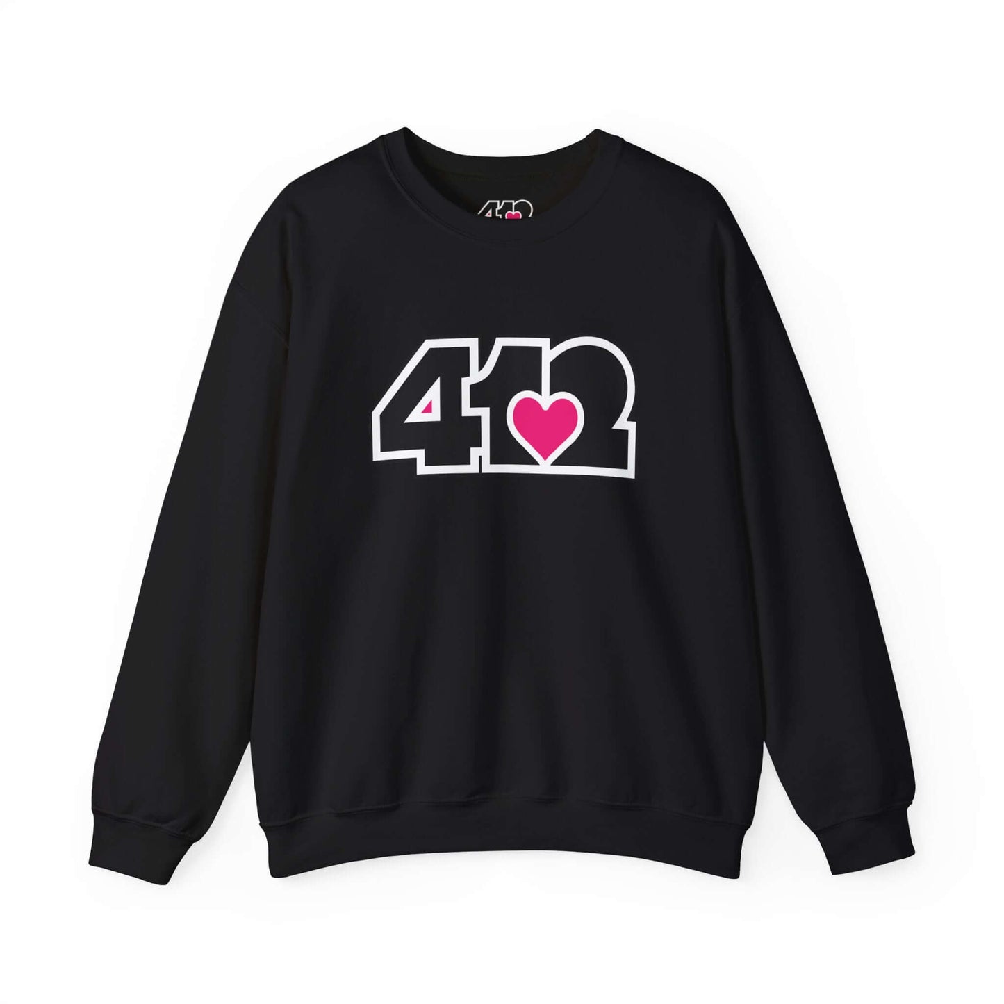 Pittsburgh Crewneck Sweatshirt | Black and Pink 412 Logo. Apparel Color: Black. A blend of 50% cotton and 50% polyester for cozy durability. With an Elastic ribbed collar, and Double-needle stitching.
