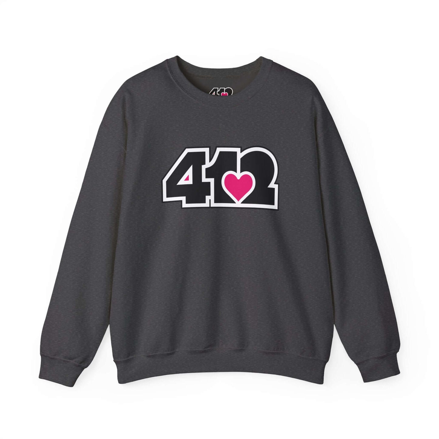 Pittsburgh Crewneck Sweatshirt | Black and Pink 412 Logo. Apparel Color: Dark Heather. A blend of 50% cotton and 50% polyester for cozy durability. With an Elastic ribbed collar, and Double-needle stitching.
