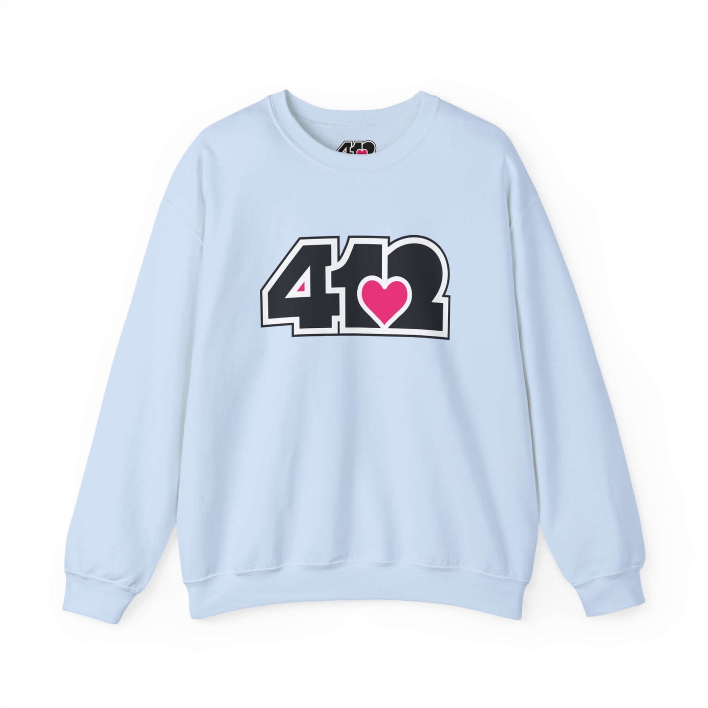 Pittsburgh Crewneck Sweatshirt | Black and Pink 412 Logo. Apparel Color: Light Blue. A blend of 50% cotton and 50% polyester for cozy durability. With an Elastic ribbed collar, and Double-needle stitching.