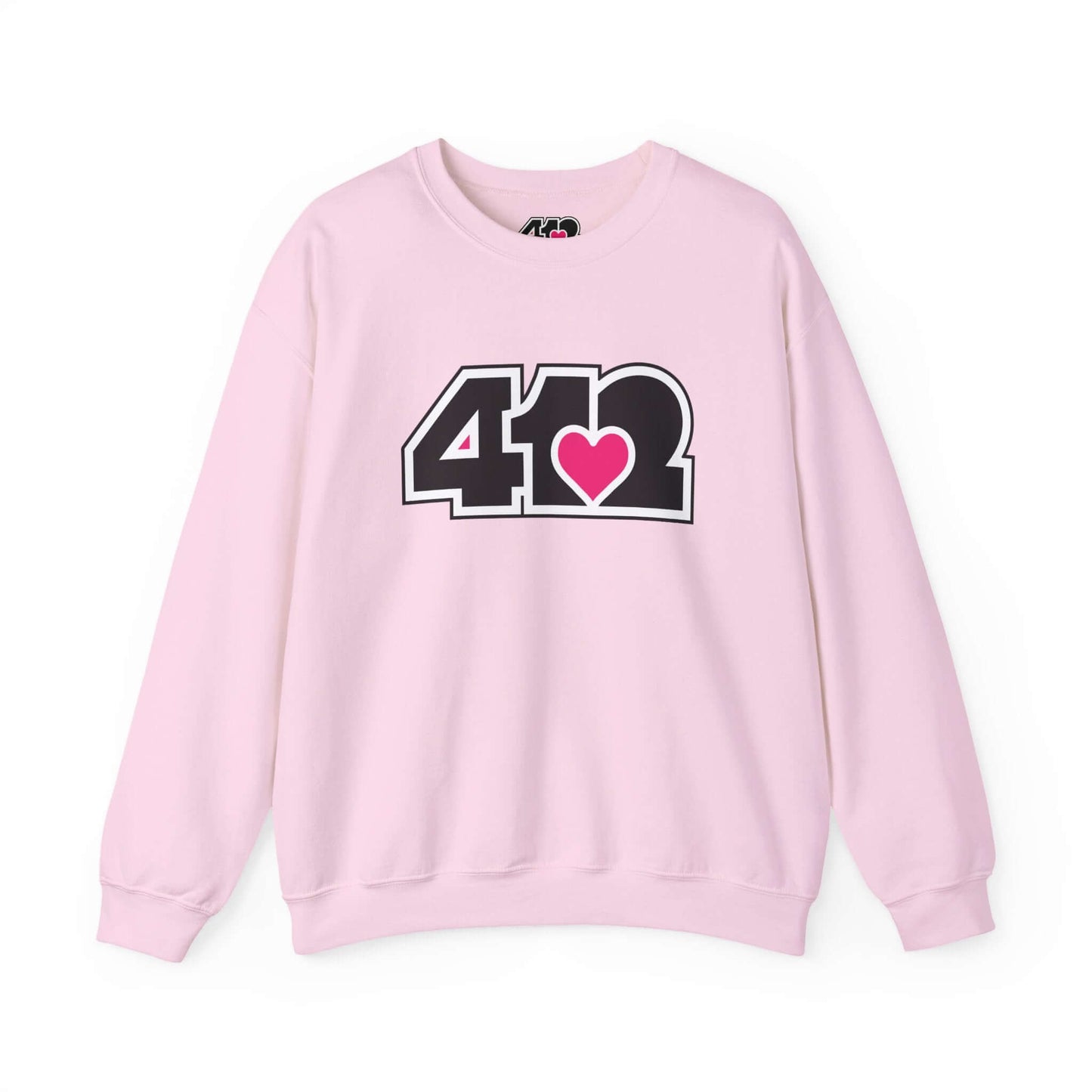 Pittsburgh Crewneck Sweatshirt | Black and Pink 412 Logo. Apparel Color: Light Pink. A blend of 50% cotton and 50% polyester for cozy durability. With an Elastic ribbed collar, and Double-needle stitching.