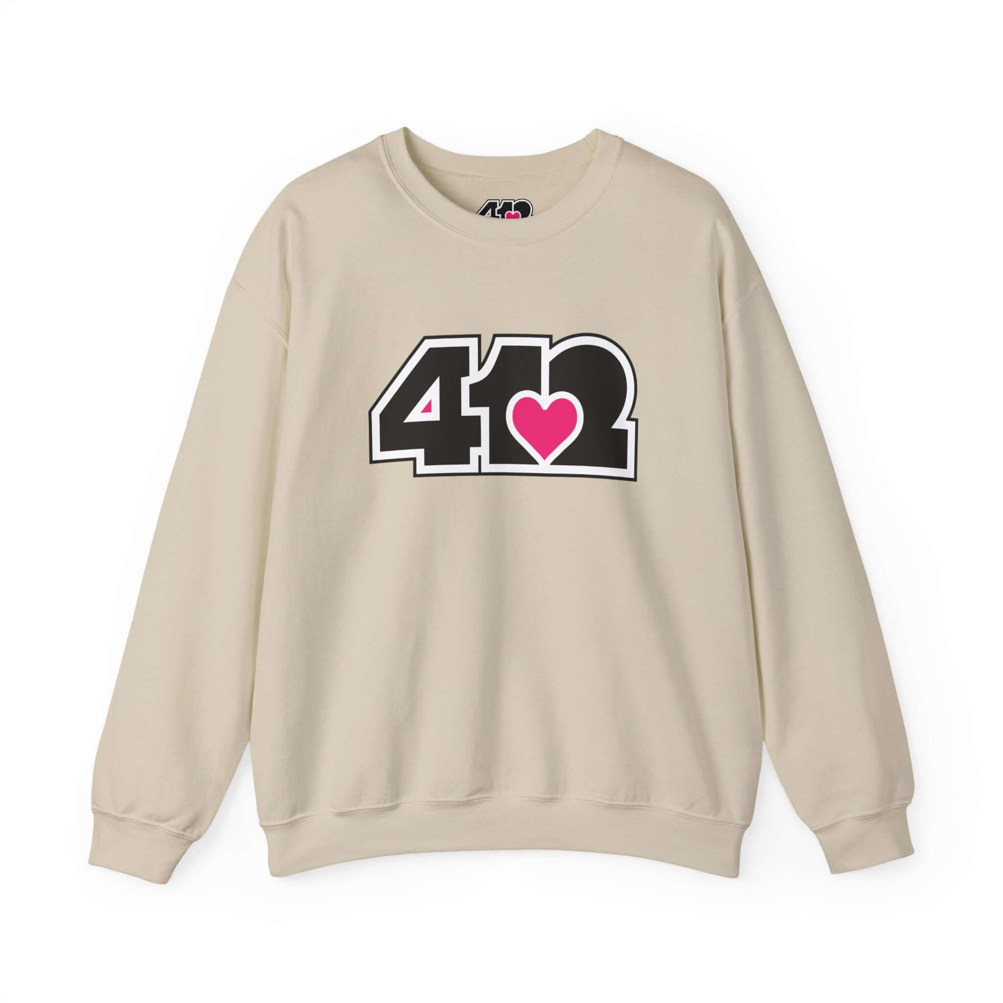 Pittsburgh Crewneck Sweatshirt | Black and Pink 412 Logo. Apparel Color: Sand. A blend of 50% cotton and 50% polyester for cozy durability. With an Elastic ribbed collar, and Double-needle stitching.