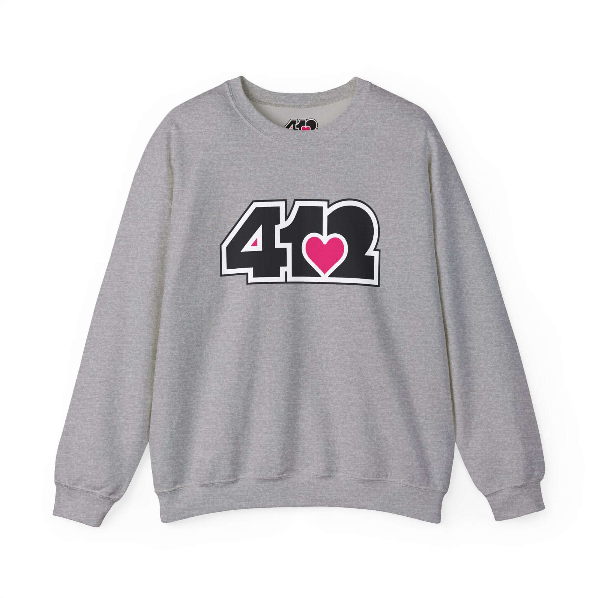 Pittsburgh Crewneck Sweatshirt | Black and Pink 412 Logo. Apparel Color: Sport Grey. A blend of 50% cotton and 50% polyester for cozy durability. With an Elastic ribbed collar, and Double-needle stitching.