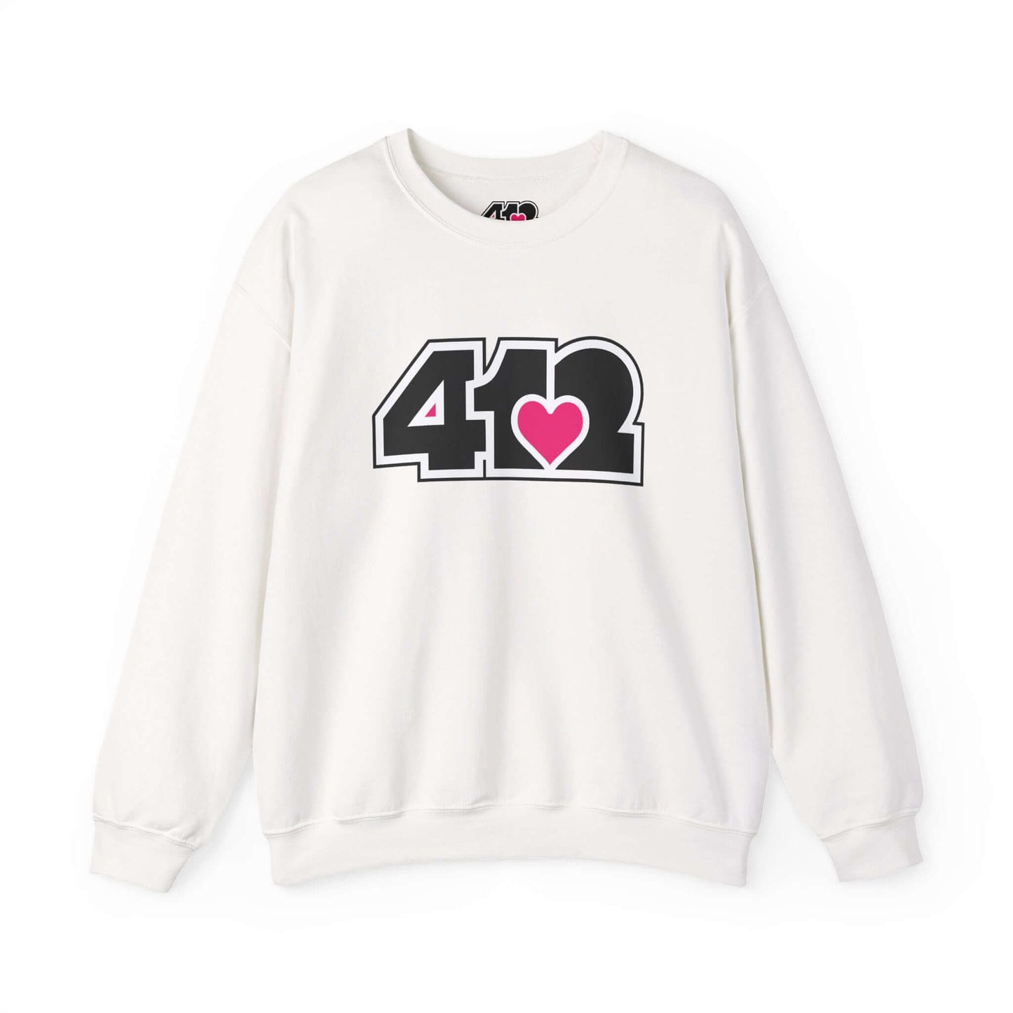 Pittsburgh Crewneck Sweatshirt | Black and Pink 412 Logo. Apparel Color: White. A blend of 50% cotton and 50% polyester for cozy durability. With an Elastic ribbed collar, and Double-needle stitching.