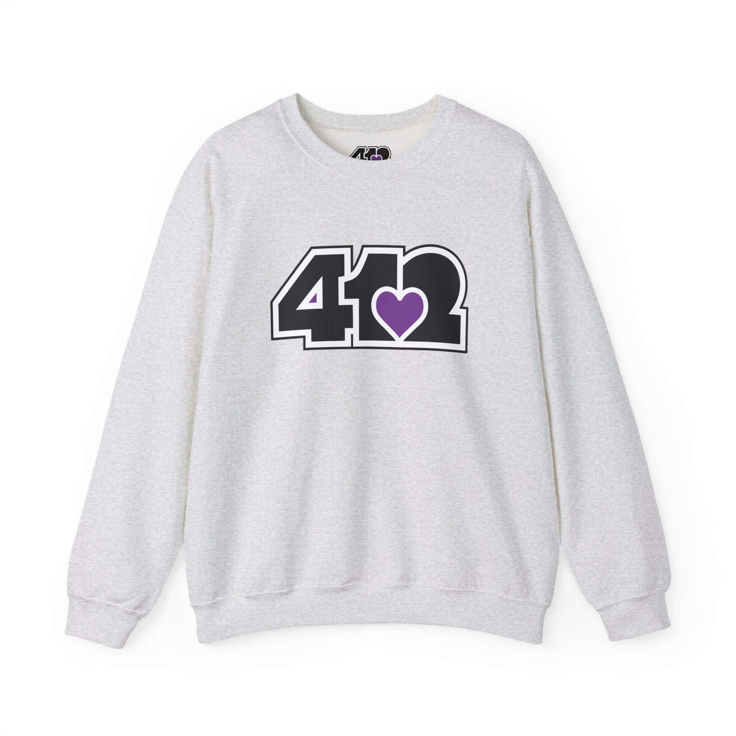 Pittsburgh Crewneck Sweatshirt | Black and Purple 412 Logo. Apparel Color: Ash. A blend of 50% cotton and 50% polyester for cozy durability. With an Elastic ribbed collar, and Double-needle stitching.