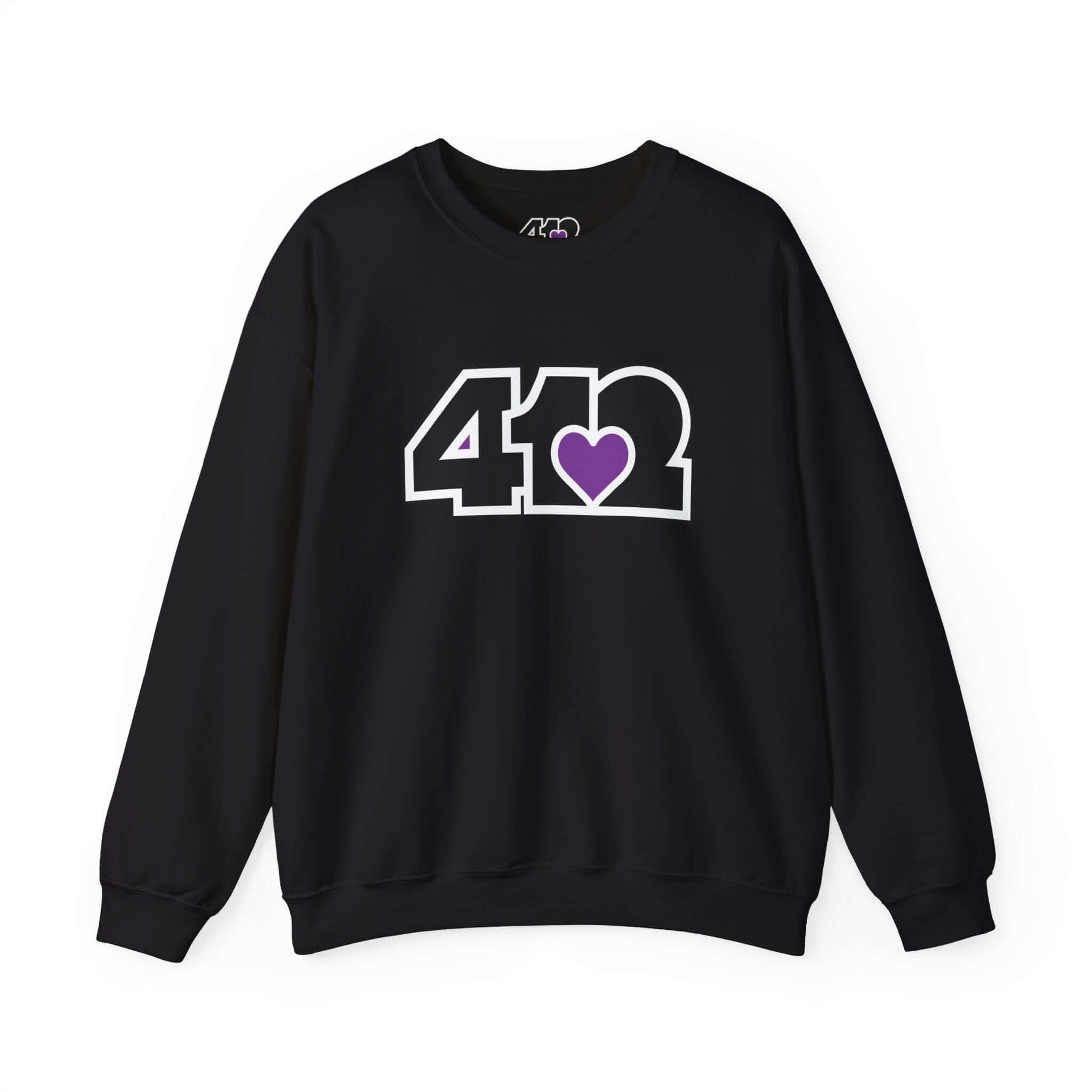 Pittsburgh Crewneck Sweatshirt | Black and Purple 412 Logo. Apparel Color: Black. A blend of 50% cotton and 50% polyester for cozy durability. With an Elastic ribbed collar, and Double-needle stitching.