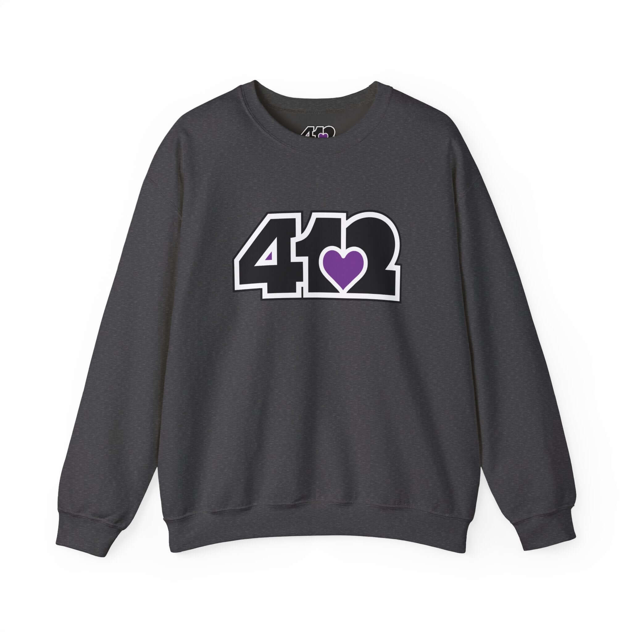 Pittsburgh Crewneck Sweatshirt | Black and Purple 412 Logo. Apparel Color: Dark Heather. A blend of 50% cotton and 50% polyester for cozy durability. With an Elastic ribbed collar, and Double-needle stitching.