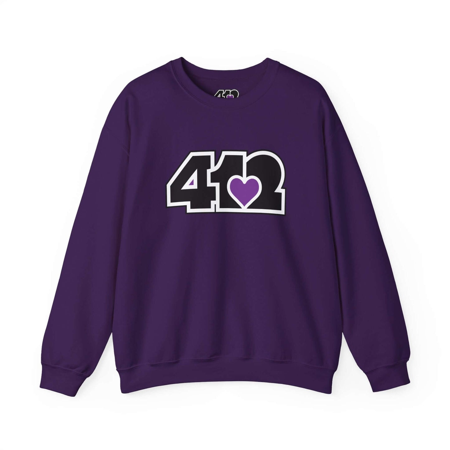Pittsburgh Crewneck Sweatshirt | Black and Purple 412 Logo. Apparel Color: Purple. A blend of 50% cotton and 50% polyester for cozy durability. With an Elastic ribbed collar, and Double-needle stitching.