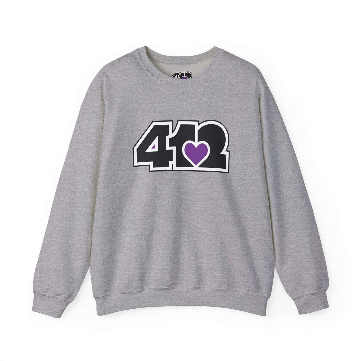 Pittsburgh Crewneck Sweatshirt | Black and Purple 412 Logo. Apparel Color: Sport Grey. A blend of 50% cotton and 50% polyester for cozy durability. With an Elastic ribbed collar, and Double-needle stitching.