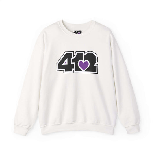 Pittsburgh Crewneck Sweatshirt | Black and Purple 412 Logo. Apparel Color: White. A blend of 50% cotton and 50% polyester for cozy durability. With an Elastic ribbed collar, and Double-needle stitching.