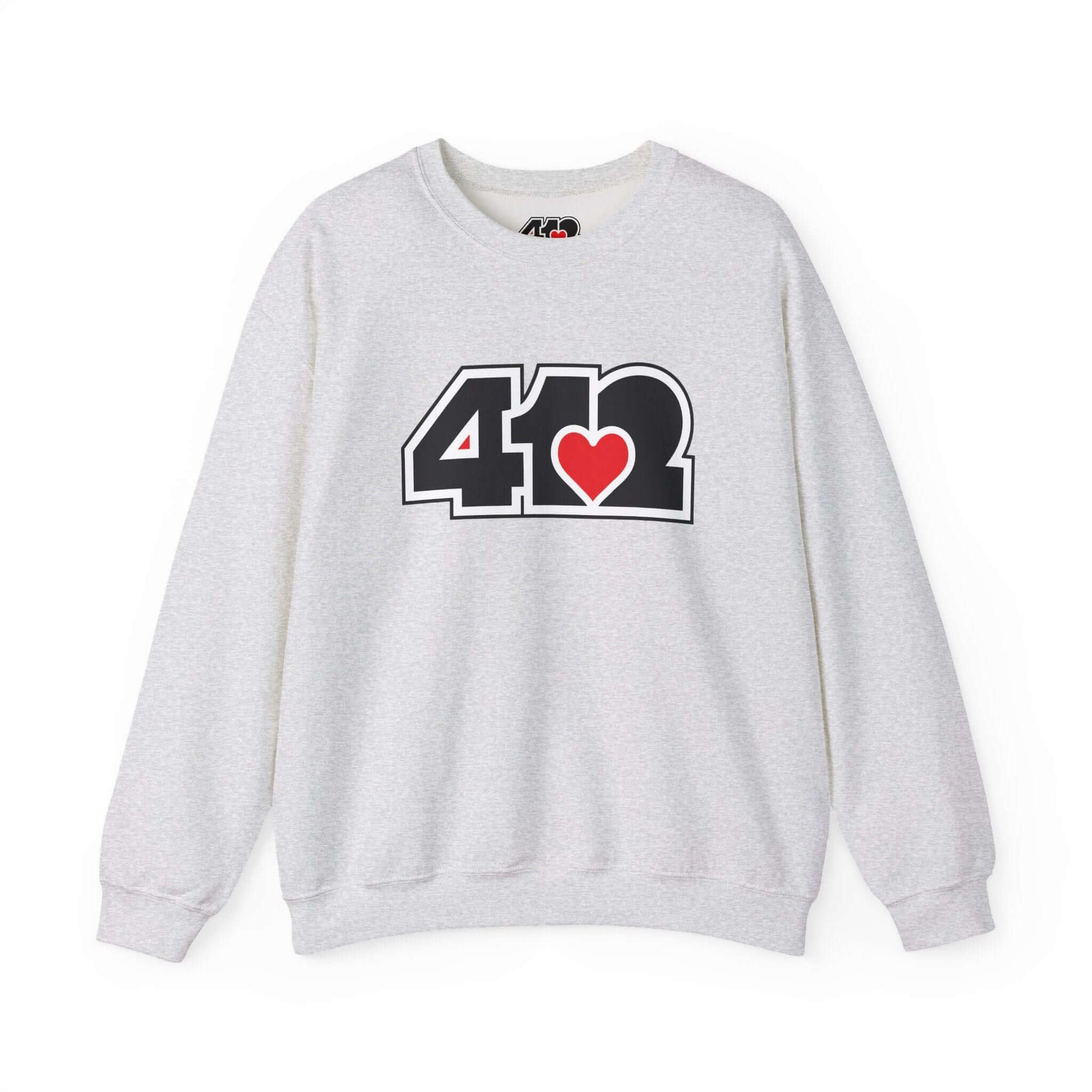 Pittsburgh Crewneck Sweatshirt | Black and Red 412 Logo. Apparel Color: Ash. A blend of 50% cotton and 50% polyester for cozy durability. With an Elastic ribbed collar, and Double-needle stitching.