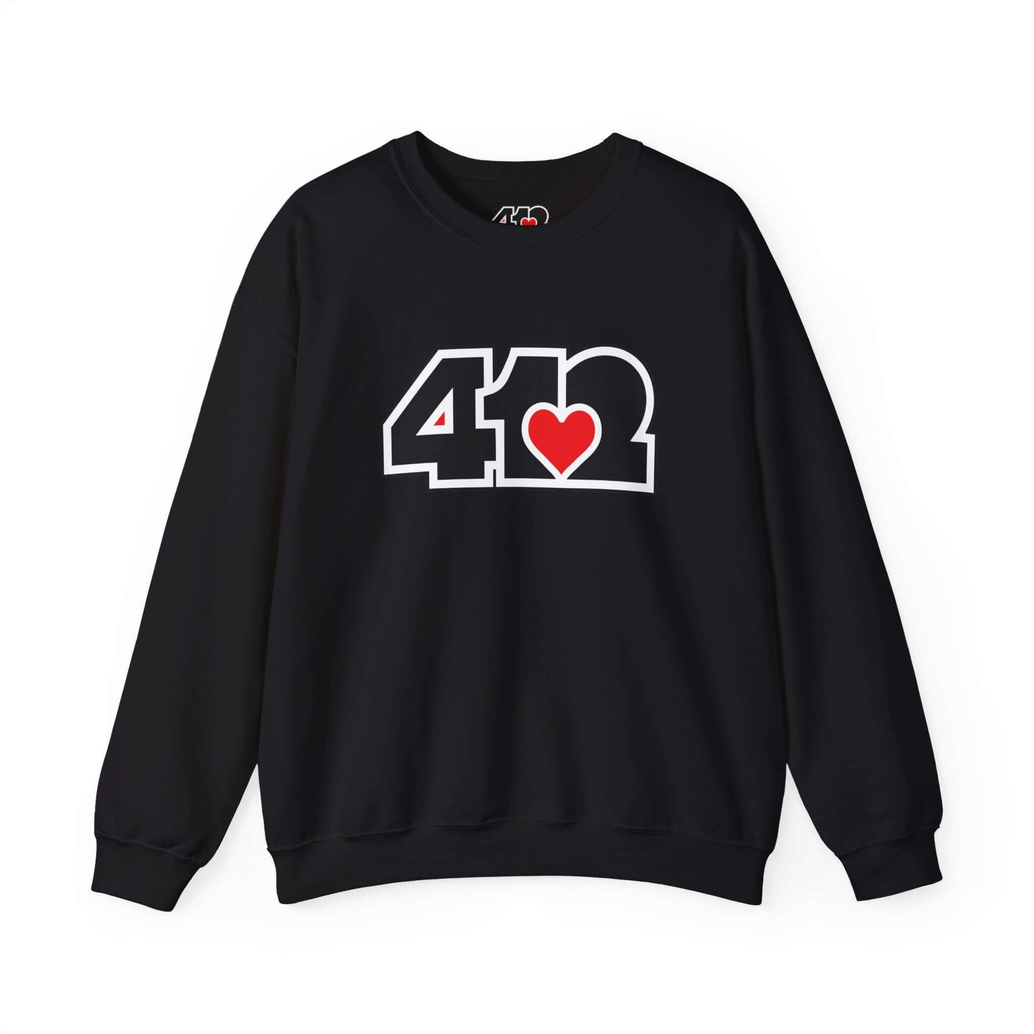 Pittsburgh Crewneck Sweatshirt | Black and Red 412 Logo. Apparel Color: Black. A blend of 50% cotton and 50% polyester for cozy durability. With an Elastic ribbed collar, and Double-needle stitching.