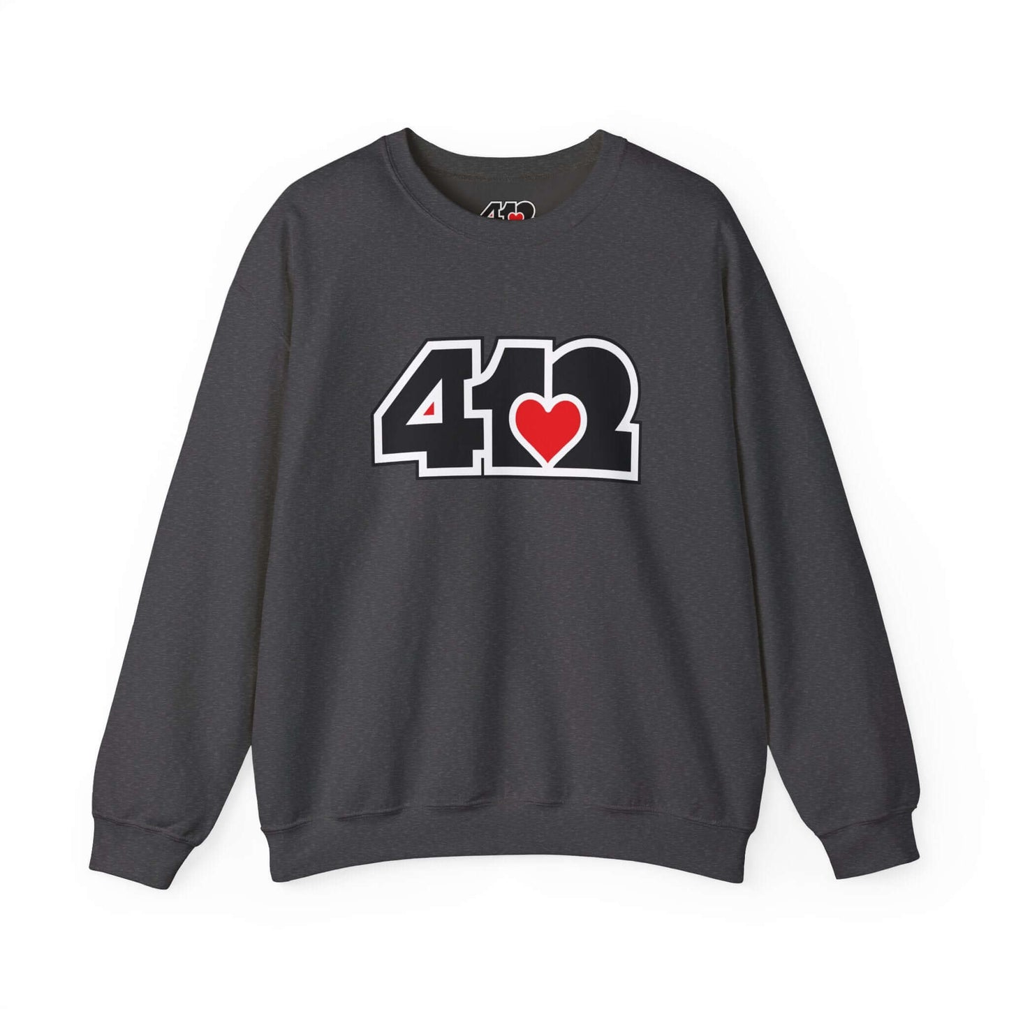 Pittsburgh Crewneck Sweatshirt | Black and Red 412 Logo. Apparel Color: Dark Heather. A blend of 50% cotton and 50% polyester for cozy durability. With an Elastic ribbed collar, and Double-needle stitching.