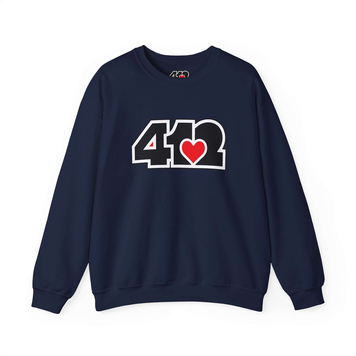 Pittsburgh Crewneck Sweatshirt | Black and Red 412 Logo. Apparel Color: Navy. A blend of 50% cotton and 50% polyester for cozy durability. With an Elastic ribbed collar, and Double-needle stitching.