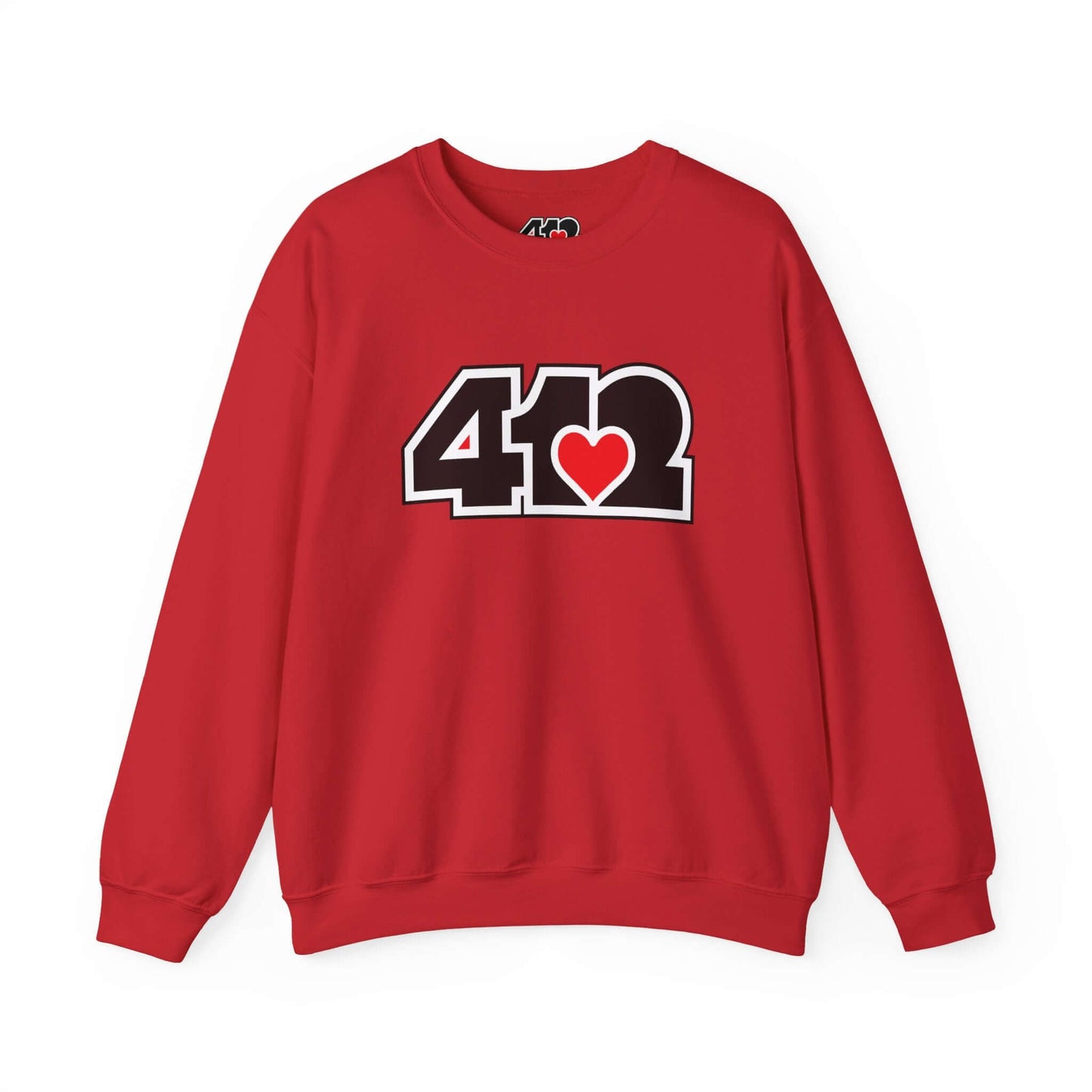 Pittsburgh Crewneck Sweatshirt | Black and Red 412 Logo. Apparel Color: Red. A blend of 50% cotton and 50% polyester for cozy durability. With an Elastic ribbed collar, and Double-needle stitching.