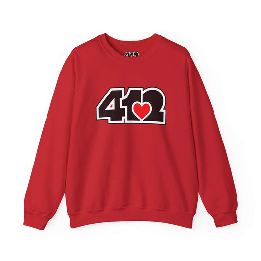 Pittsburgh Crewneck Sweatshirt | Black and Red 412 Logo. Apparel Color: Red. A blend of 50% cotton and 50% polyester for cozy durability. With an Elastic ribbed collar, and Double-needle stitching.