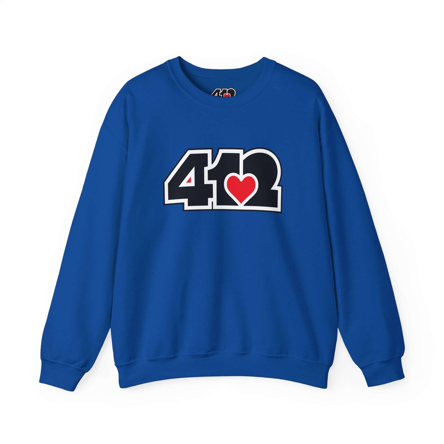 Pittsburgh Crewneck Sweatshirt | Black and Red 412 Logo. Apparel Color: Royal. A blend of 50% cotton and 50% polyester for cozy durability. With an Elastic ribbed collar, and Double-needle stitching.