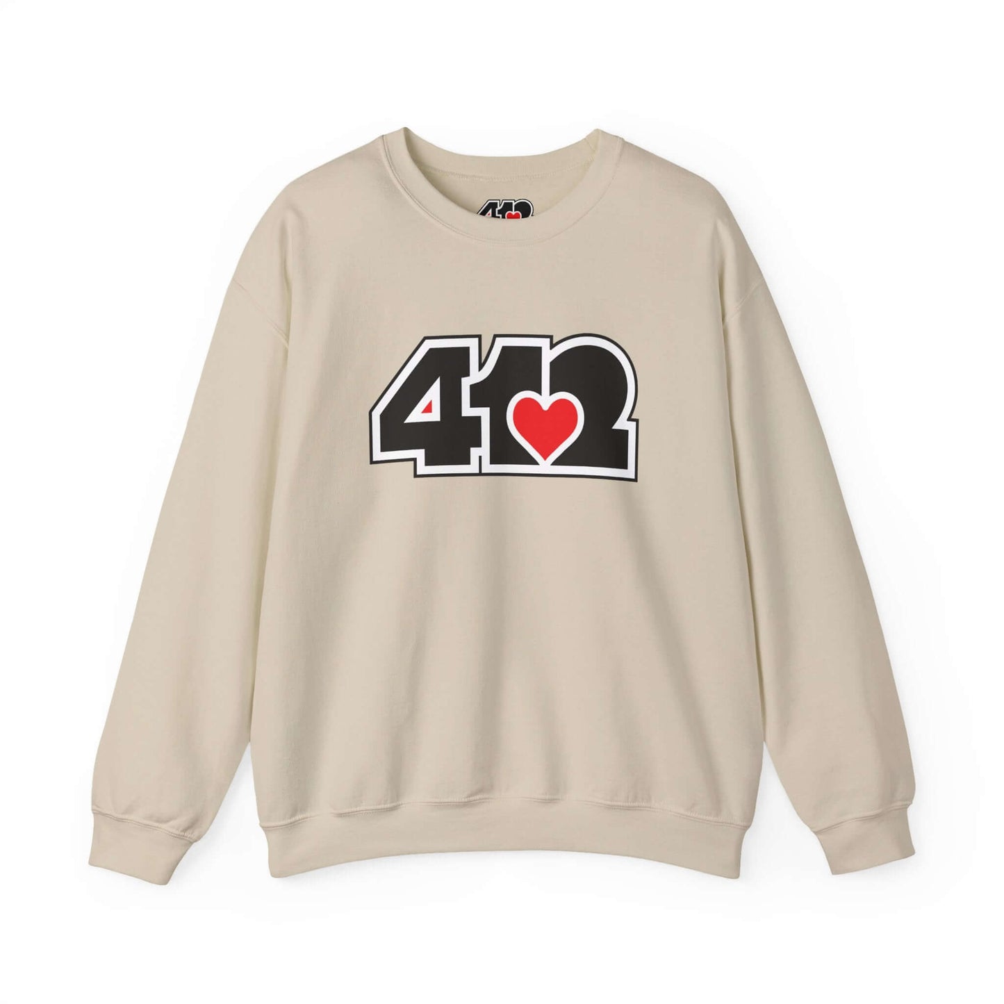 Pittsburgh Crewneck Sweatshirt | Black and Red 412 Logo. Apparel Color: Sand. A blend of 50% cotton and 50% polyester for cozy durability. With an Elastic ribbed collar, and Double-needle stitching.