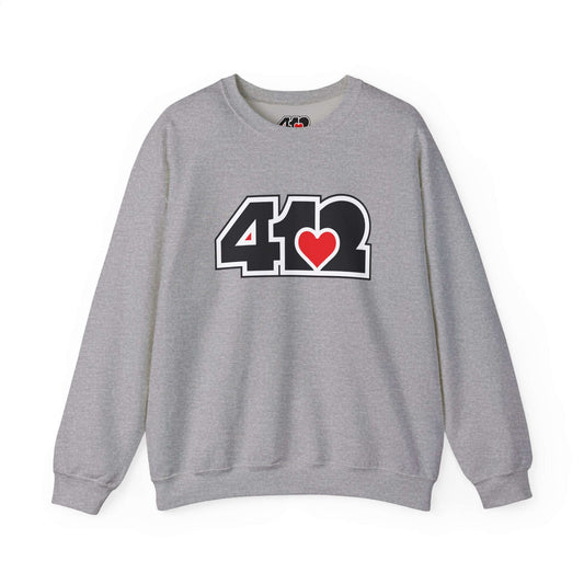 Pittsburgh Crewneck Sweatshirt | Black and Red 412 Logo. Apparel Color: Sport Grey. A blend of 50% cotton and 50% polyester for cozy durability. With an Elastic ribbed collar, and Double-needle stitching.