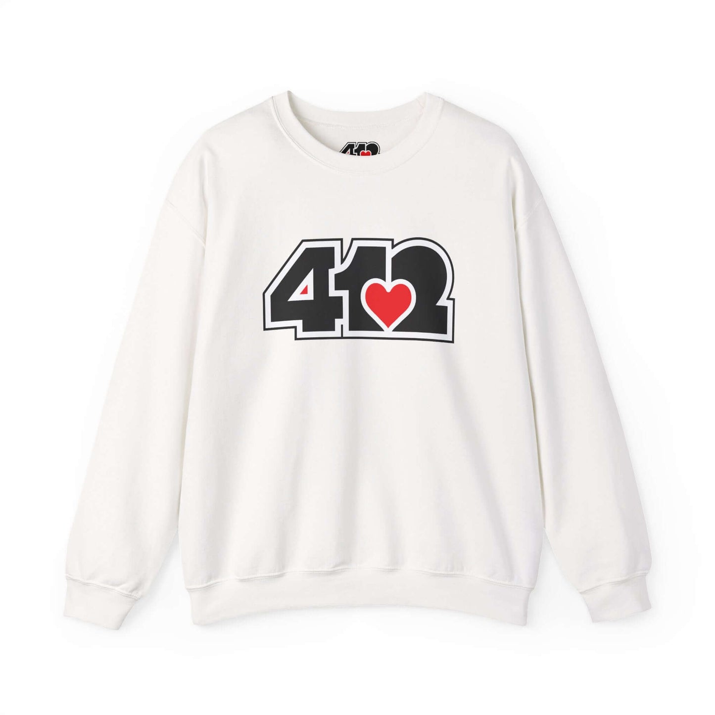 Pittsburgh Crewneck Sweatshirt | Black and Red 412 Logo. Apparel Color: White. A blend of 50% cotton and 50% polyester for cozy durability. With an Elastic ribbed collar, and Double-needle stitching.