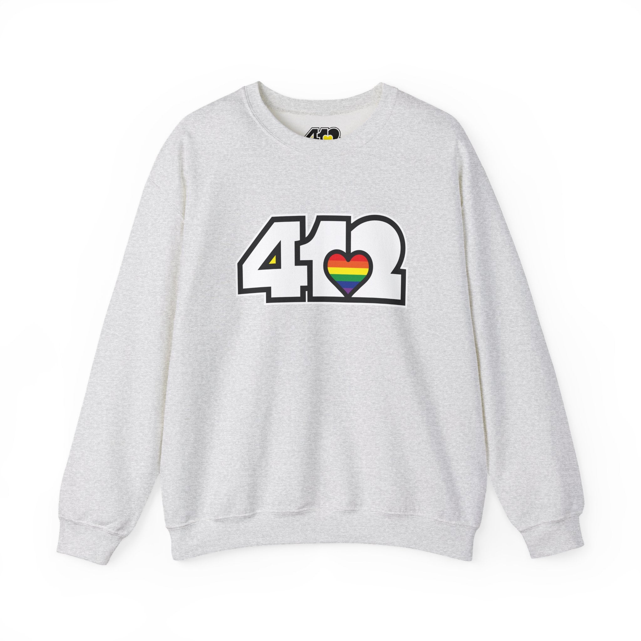 Pittsburgh Crewneck Sweatshirt | White Rainbow 412 Logo. Apparel Color: Ash. A blend of 50% cotton and 50% polyester for cozy durability. With an Elastic ribbed collar, and Double-needle stitching.