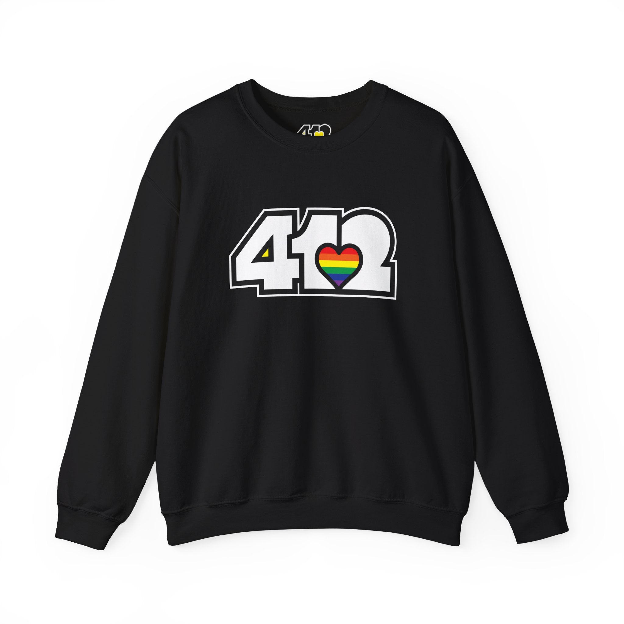 Pittsburgh Crewneck Sweatshirt | White Rainbow 412 Logo. Apparel Color: Black. A blend of 50% cotton and 50% polyester for cozy durability. With an Elastic ribbed collar, and Double-needle stitching.