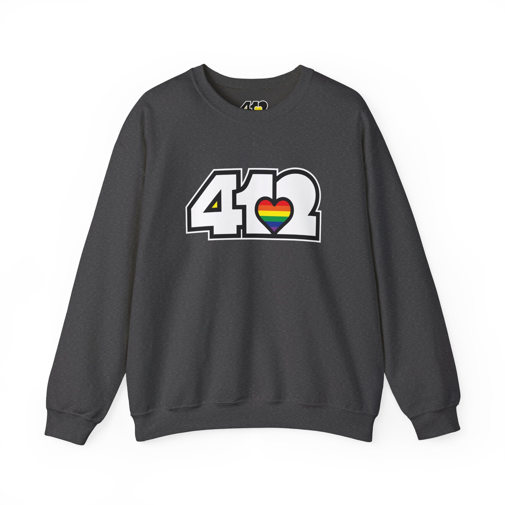 Pittsburgh Crewneck Sweatshirt | White Rainbow 412 Logo. Apparel Color: Dark Heather. A blend of 50% cotton and 50% polyester for cozy durability. With an Elastic ribbed collar, and Double-needle stitching.