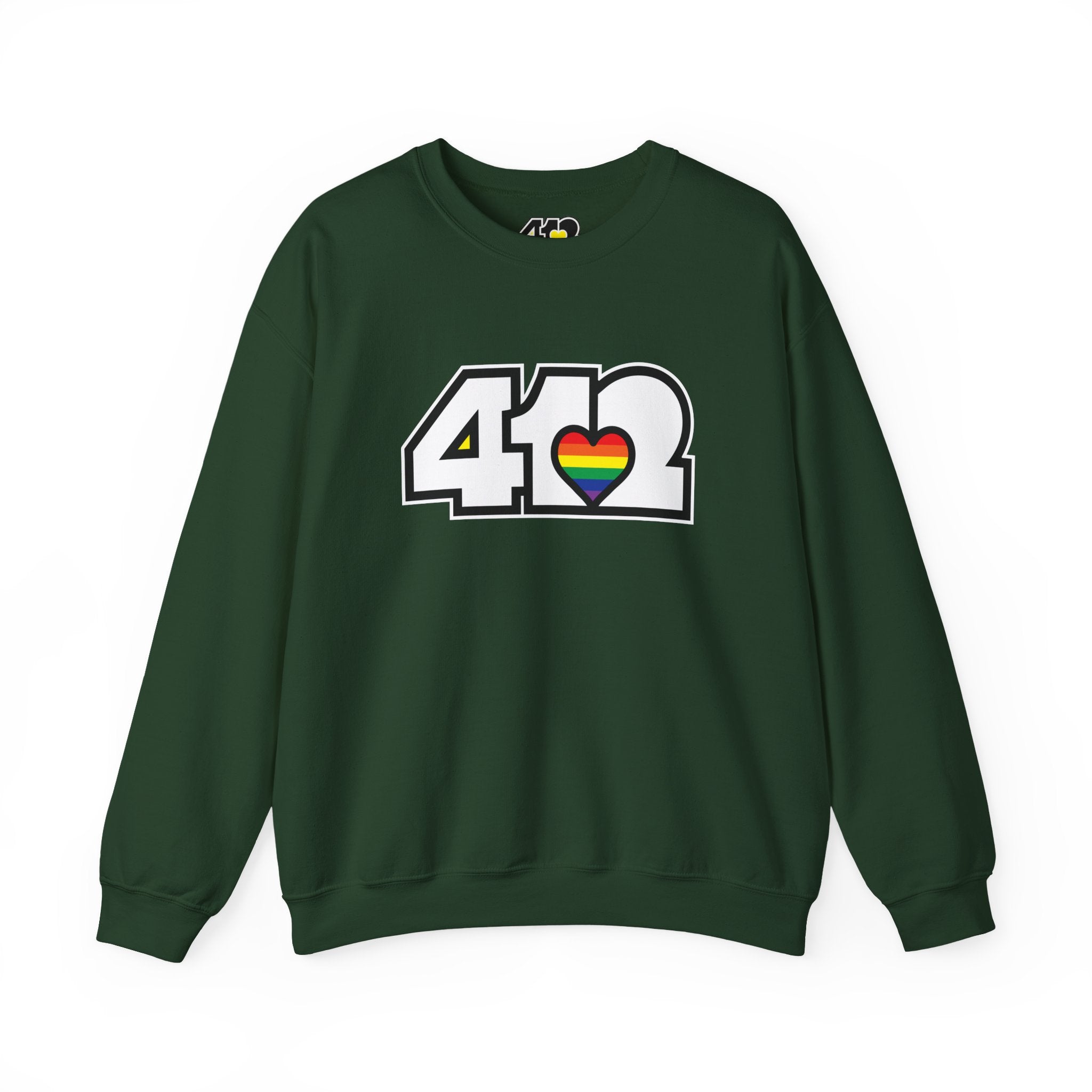 Pittsburgh Crewneck Sweatshirt | White Rainbow 412 Logo. Apparel Color: Forest Green. A blend of 50% cotton and 50% polyester for cozy durability. With an Elastic ribbed collar, and Double-needle stitching.