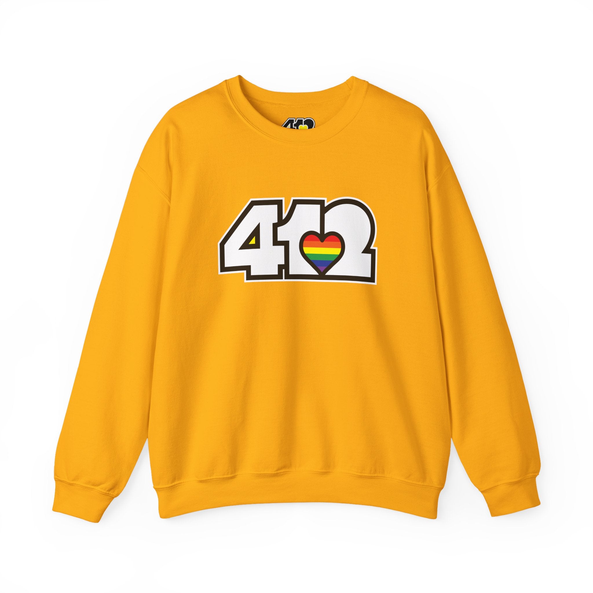 Pittsburgh Crewneck Sweatshirt | White Rainbow 412 Logo. Apparel Color: Gold. A blend of 50% cotton and 50% polyester for cozy durability. With an Elastic ribbed collar, and Double-needle stitching.