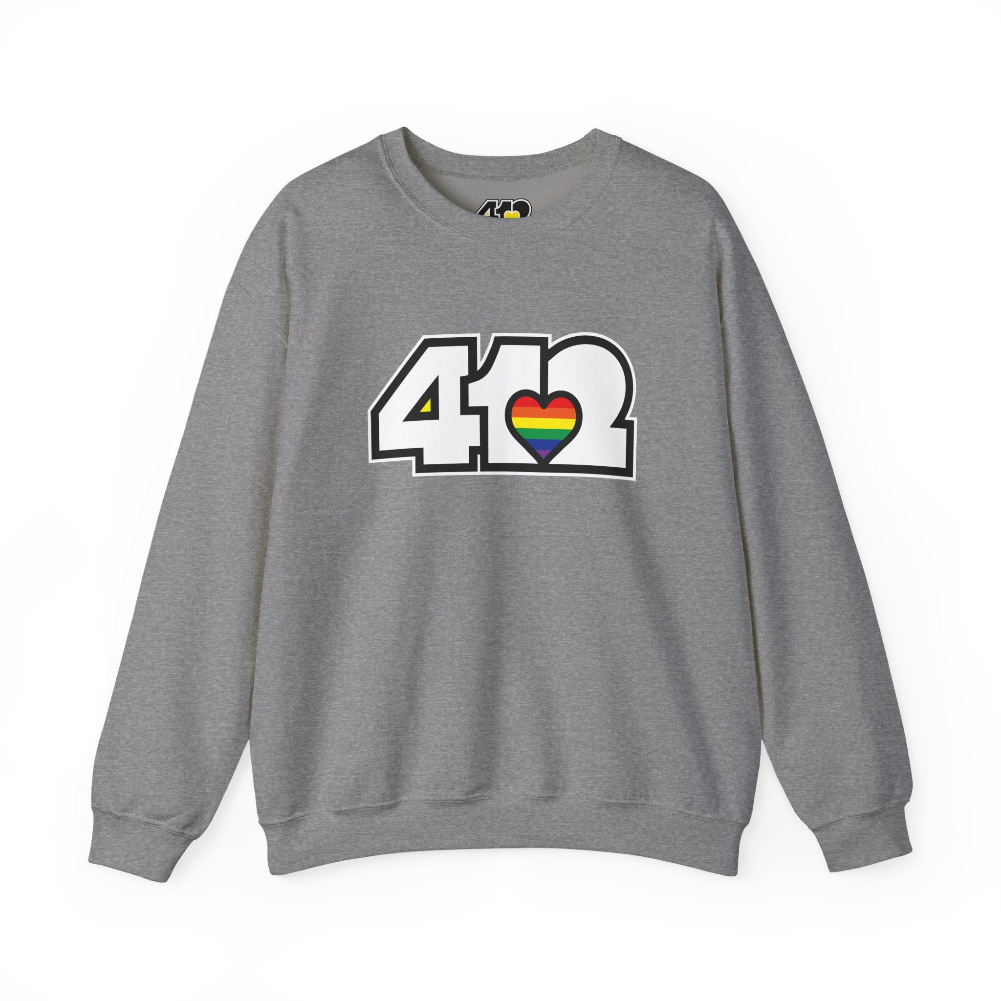 Pittsburgh Crewneck Sweatshirt | White Rainbow 412 Logo. Apparel Color: Graphite Heather. A blend of 50% cotton and 50% polyester for cozy durability. With an Elastic ribbed collar, and Double-needle stitching.