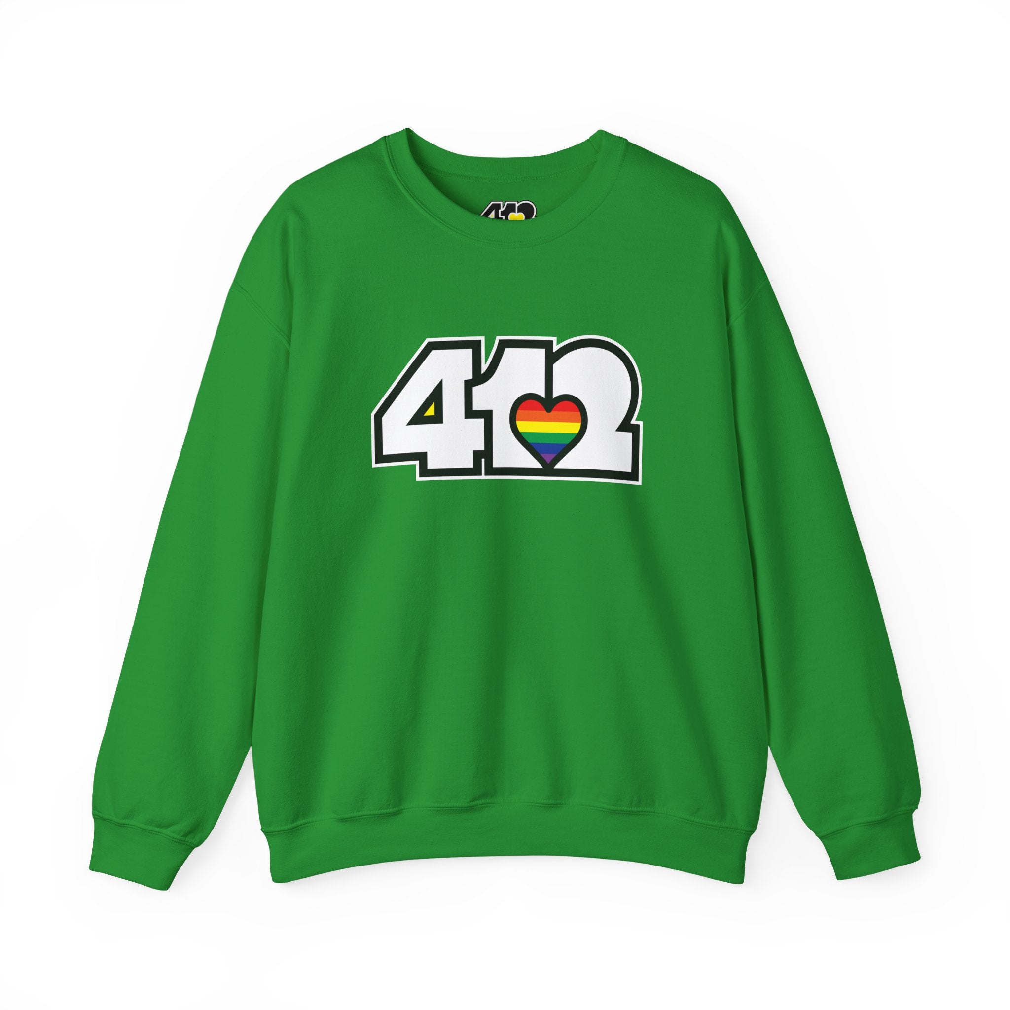 Pittsburgh Crewneck Sweatshirt | White Rainbow 412 Logo. Apparel Color: Irish Green. A blend of 50% cotton and 50% polyester for cozy durability. With an Elastic ribbed collar, and Double-needle stitching.