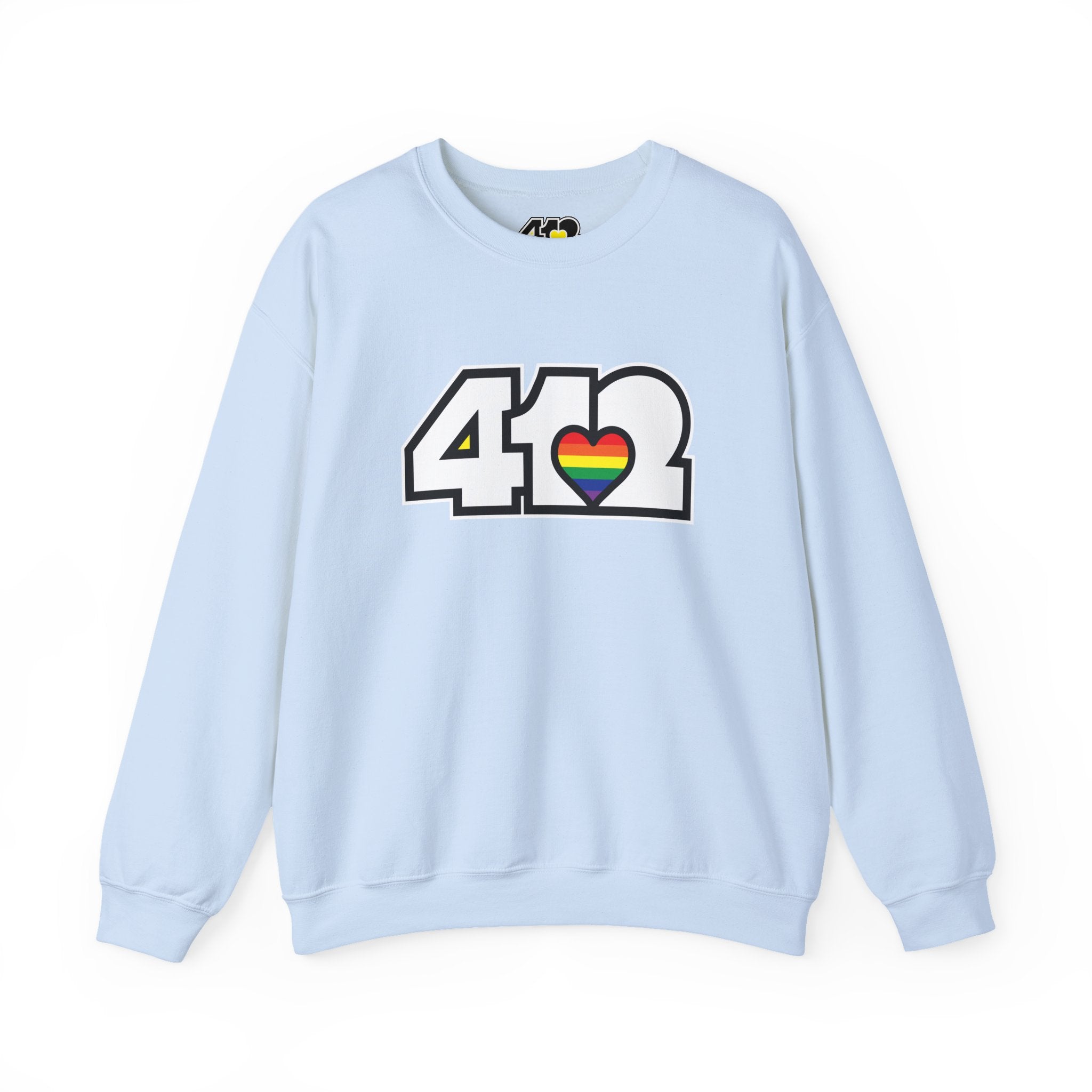 Pittsburgh Crewneck Sweatshirt | White Rainbow 412 Logo. Apparel Color: Light Blue. A blend of 50% cotton and 50% polyester for cozy durability. With an Elastic ribbed collar, and Double-needle stitching.